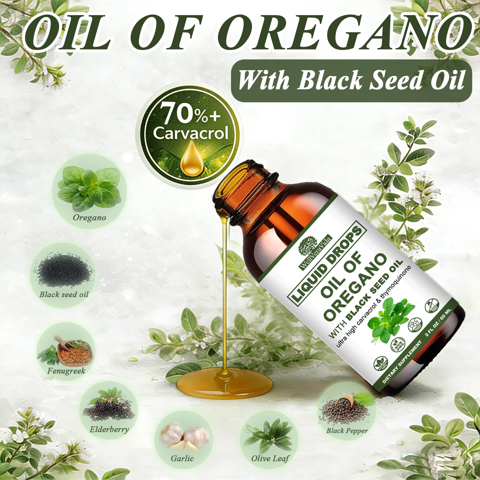 WellVeraVida Oregano Oil with Black Seed Oil Complex 300mg bottle with dropper
