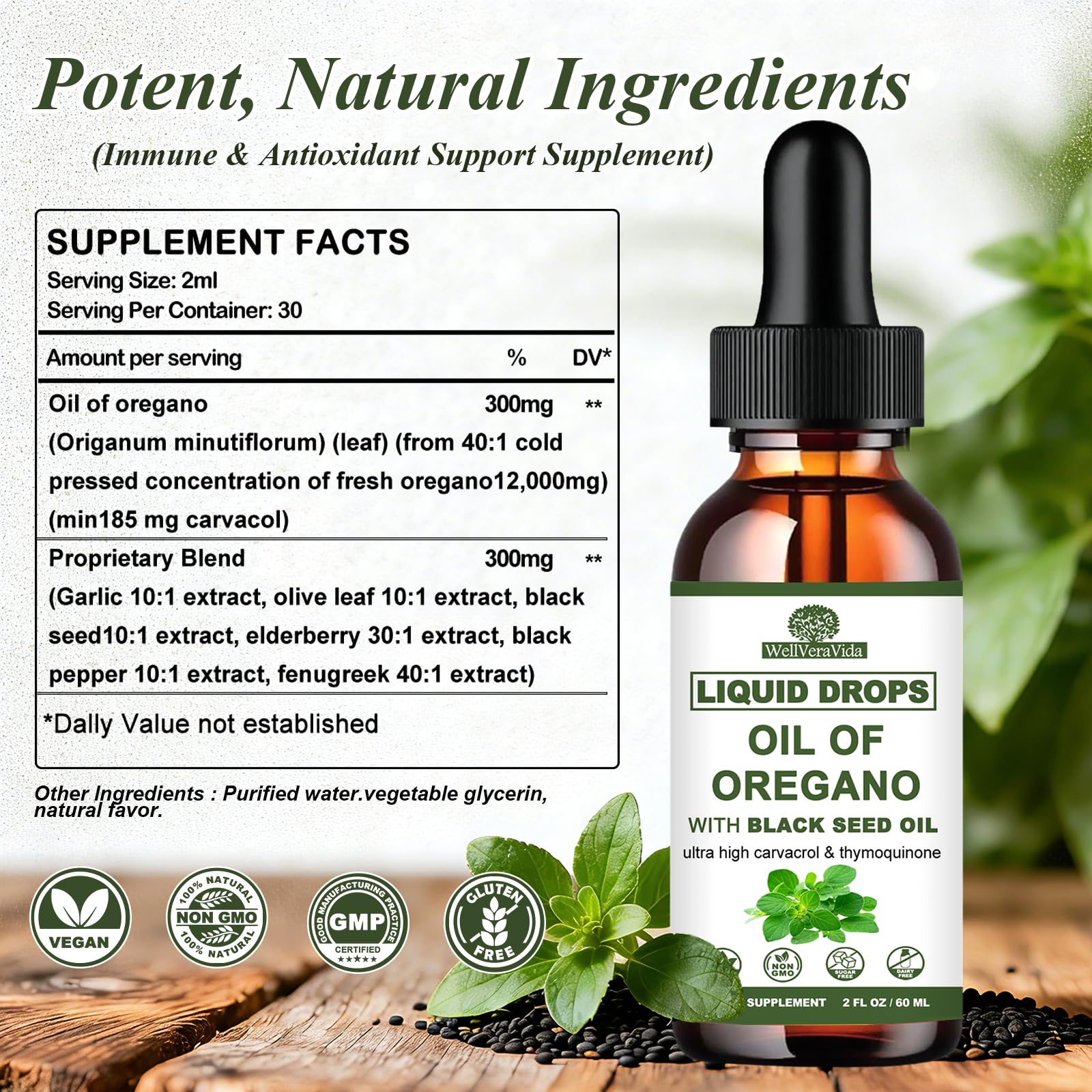 WellVeraVida Oregano Oil with Black Seed Oil Complex 300mg drops in a glass