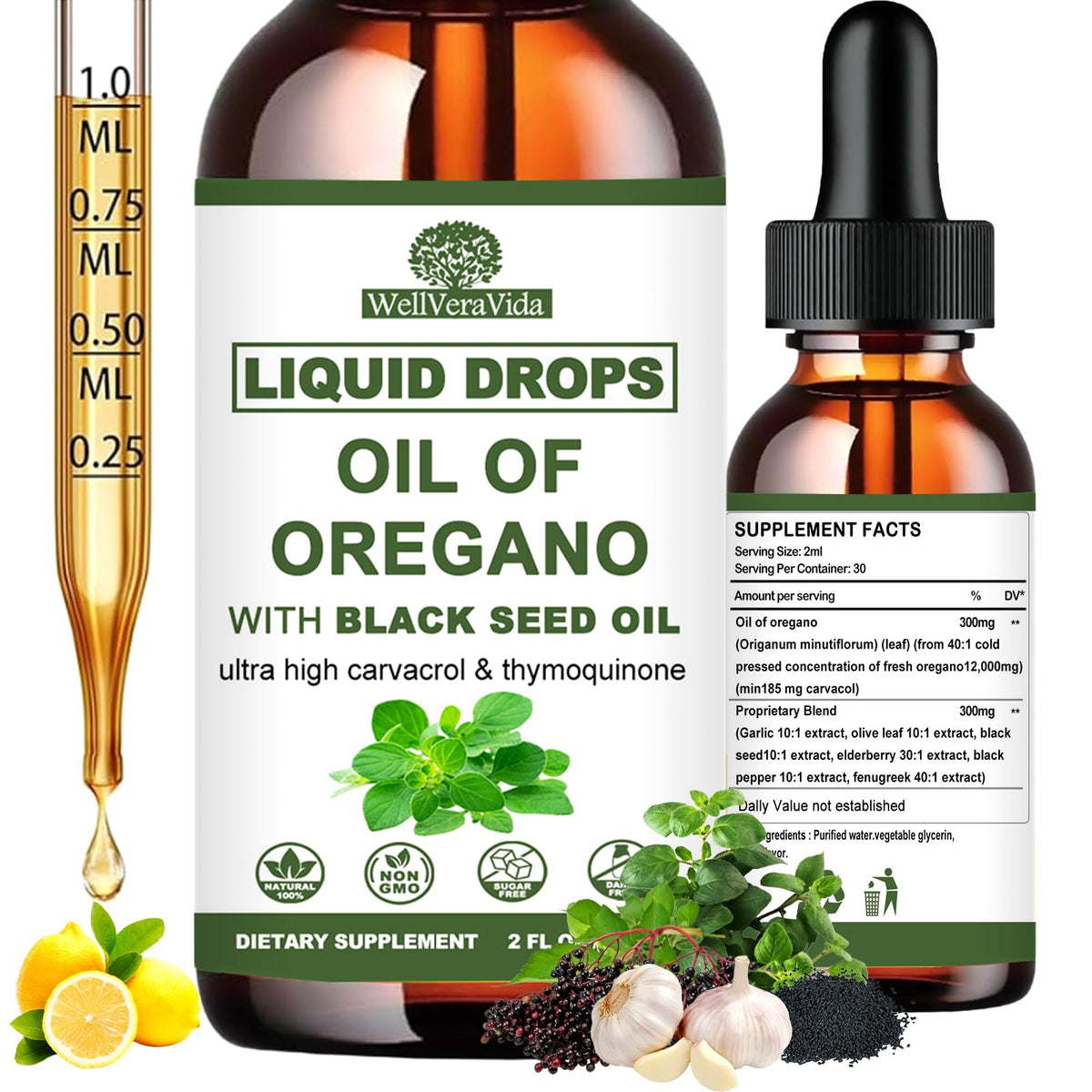 WellVeraVida Oregano Oil with Black Seed Oil Complex 300mg front view