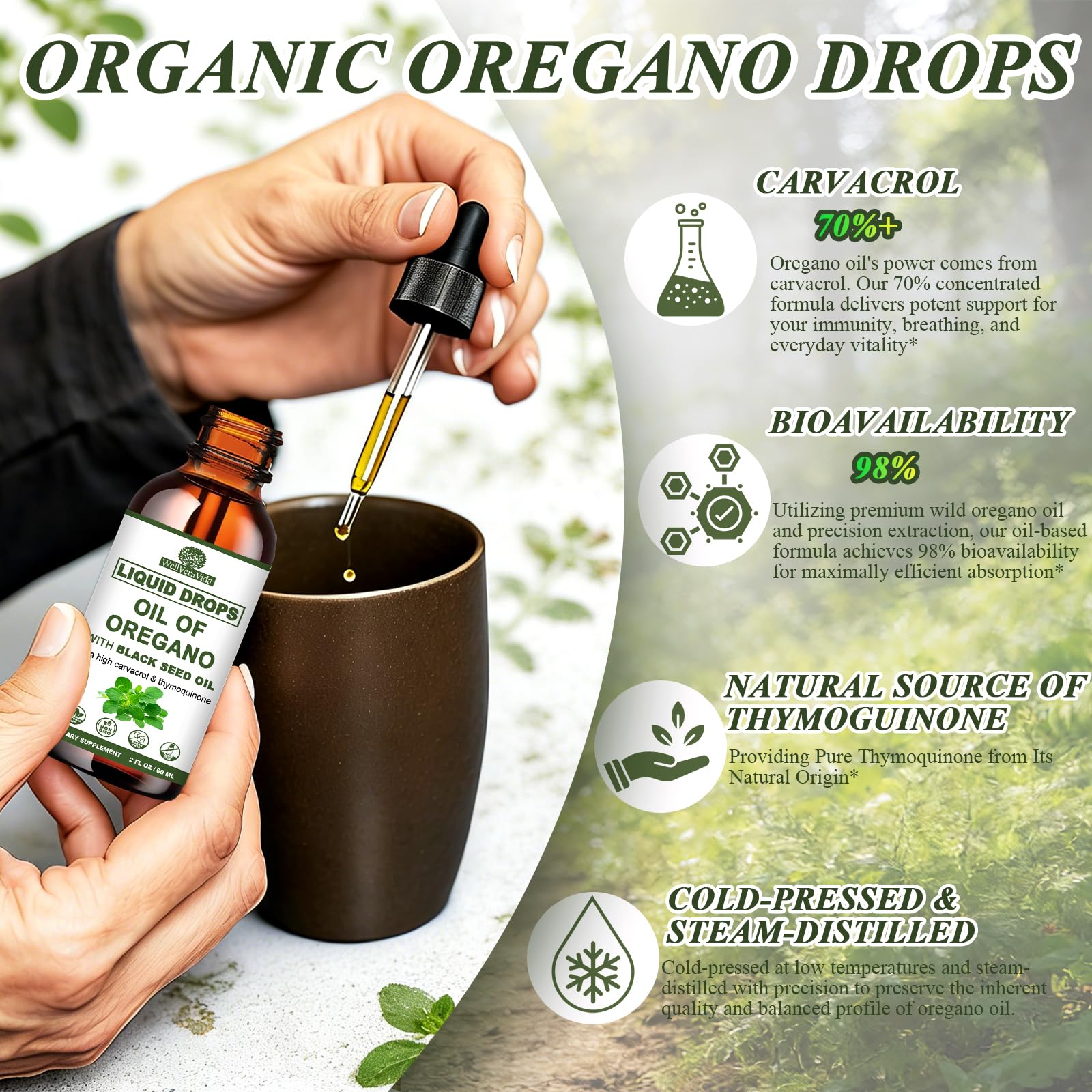 WellVeraVida Oregano Oil with Black Seed Oil Complex 300mg on a kitchen counter