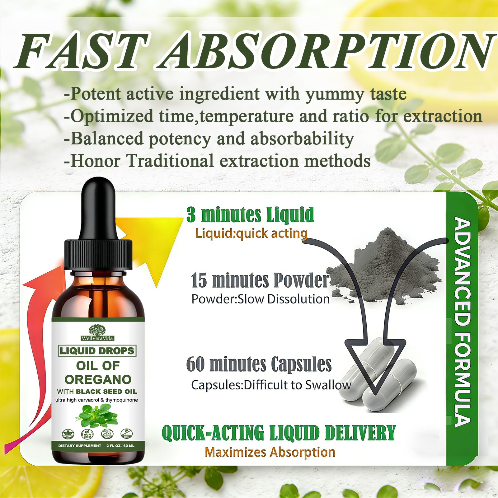 WellVeraVida Oregano Oil with Black Seed Oil Complex 300mg with fresh herbs