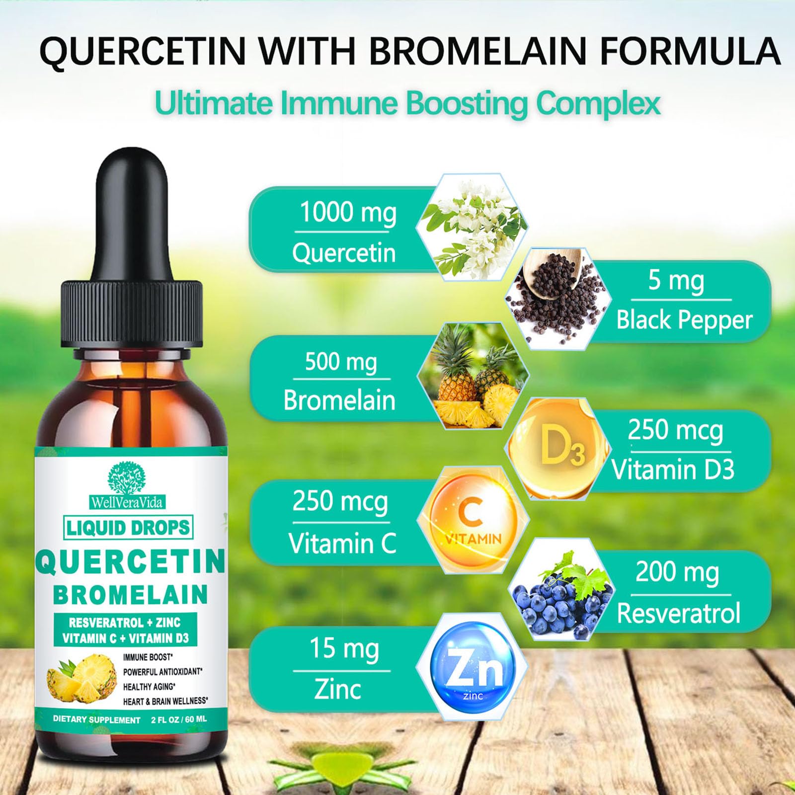 WellVeraVida Quercetin Liquid Drops 1000mg bottle with label