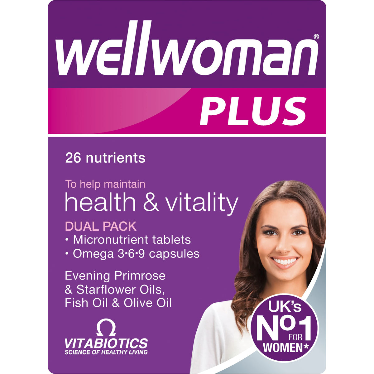 Wellwoman Plus Omega 3∙6∙9 multivitamin tablets and capsules pack front view