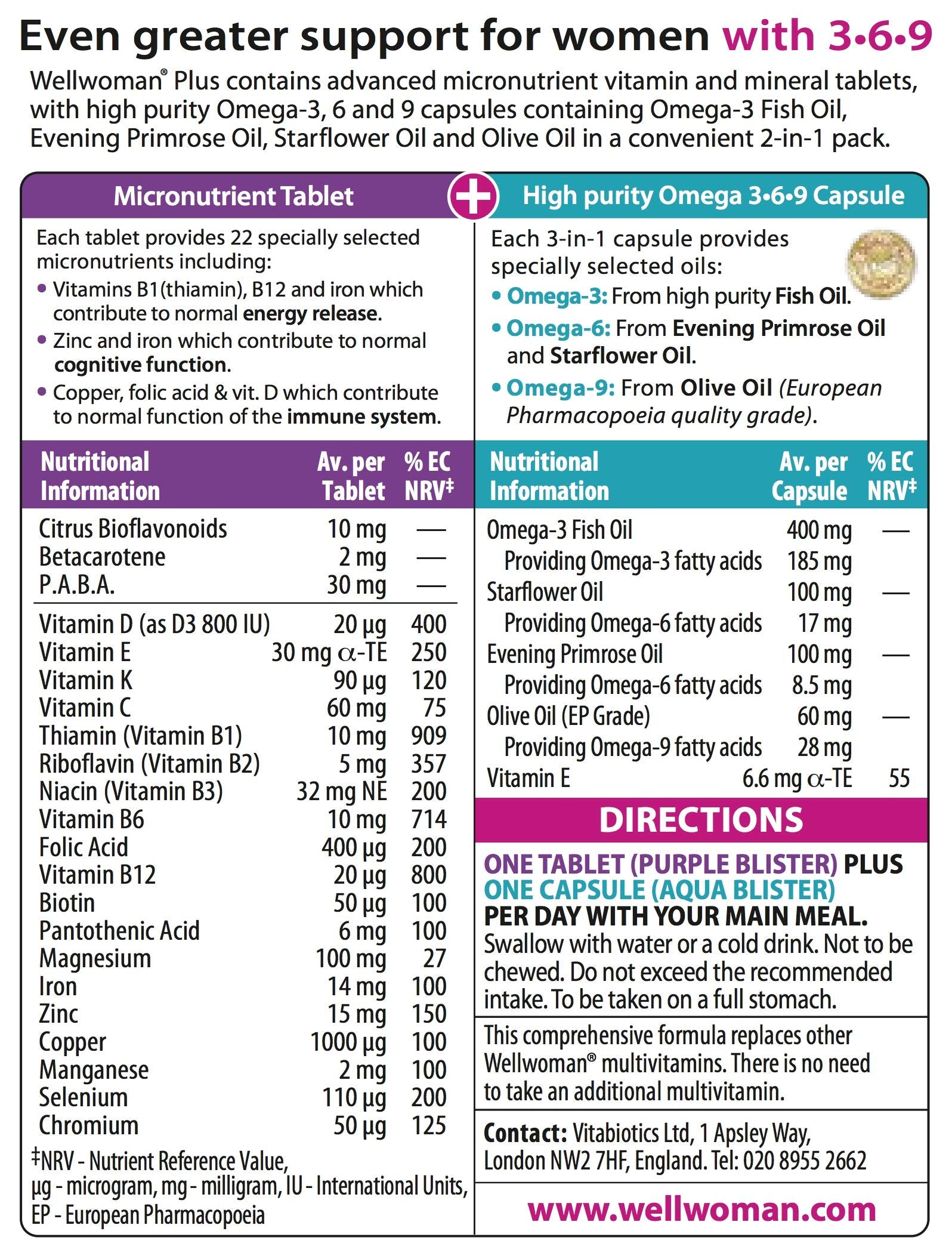 Wellwoman Plus Omega 3∙6∙9 multivitamin tablets and capsules side view
