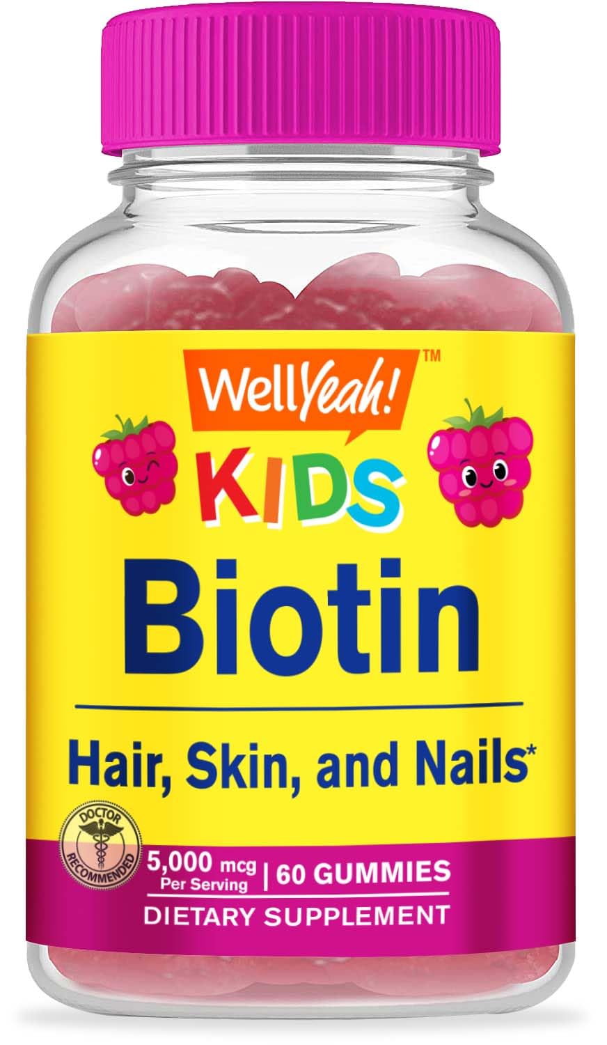 WellYeah Biotin Gummies 5000mcg 60 Count Raspberry Flavour front view