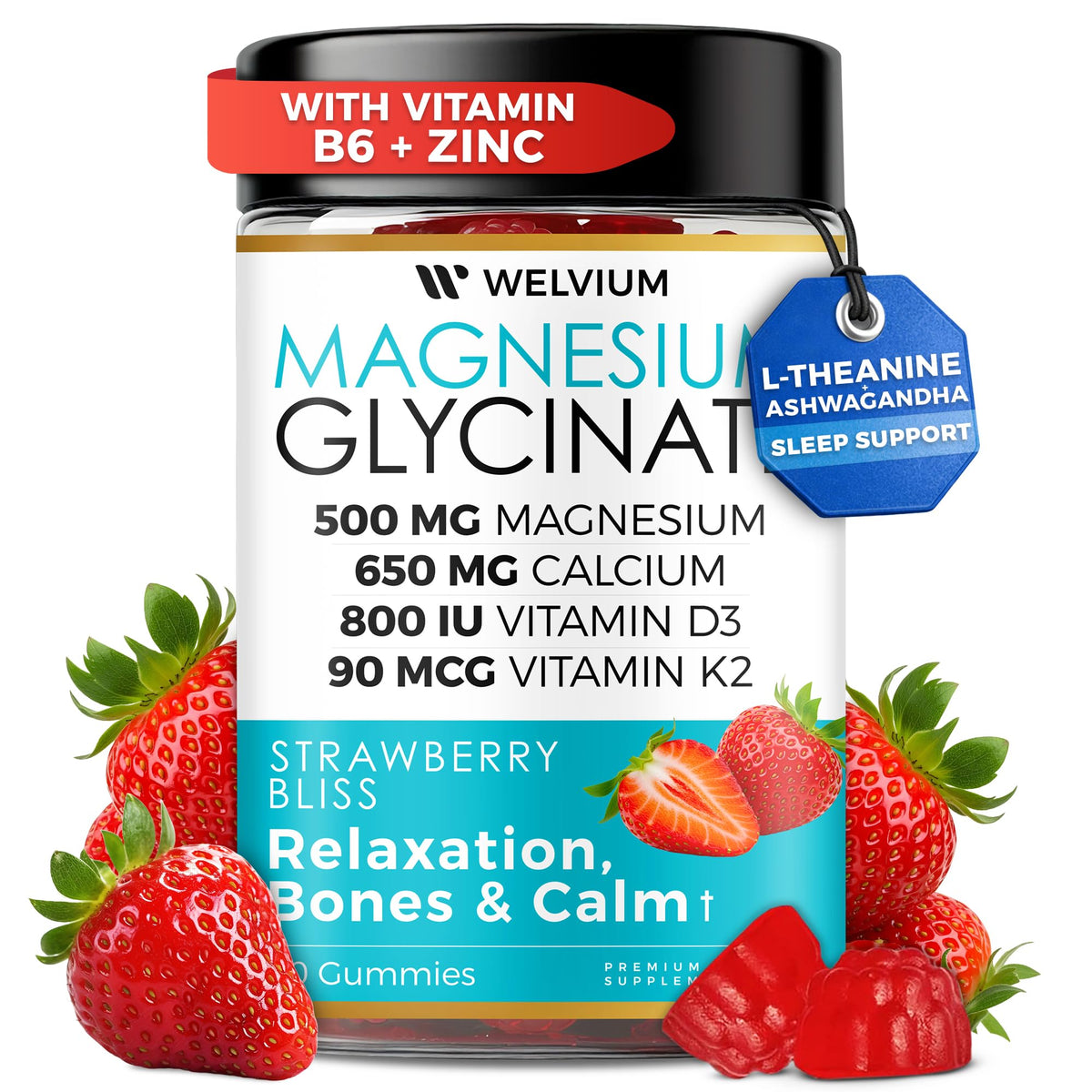 WELVIUM Magnesium Glycinate Gummies front view with packaging