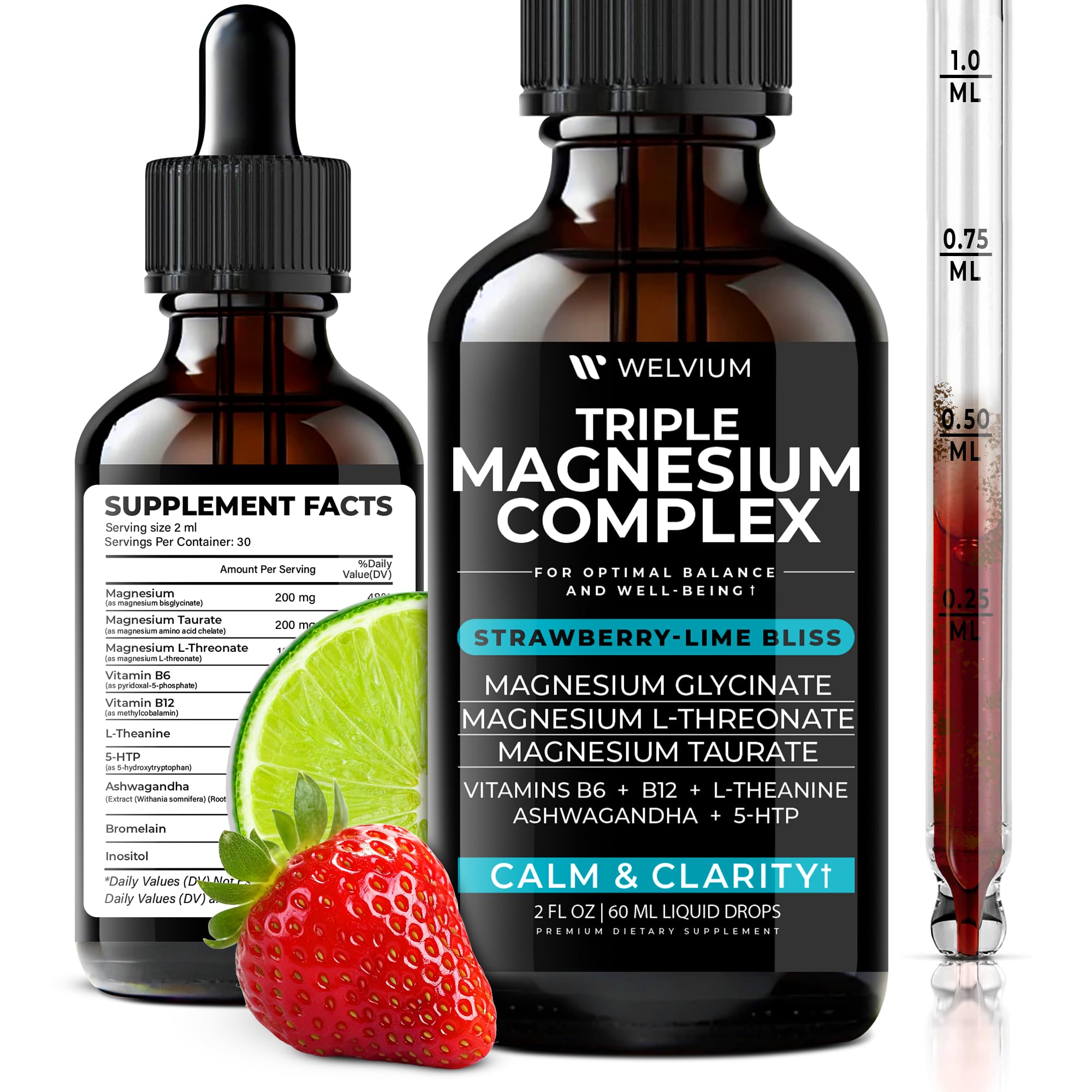 WELVIUM Magnesium Glycinate Liquid Drops front view with dropper