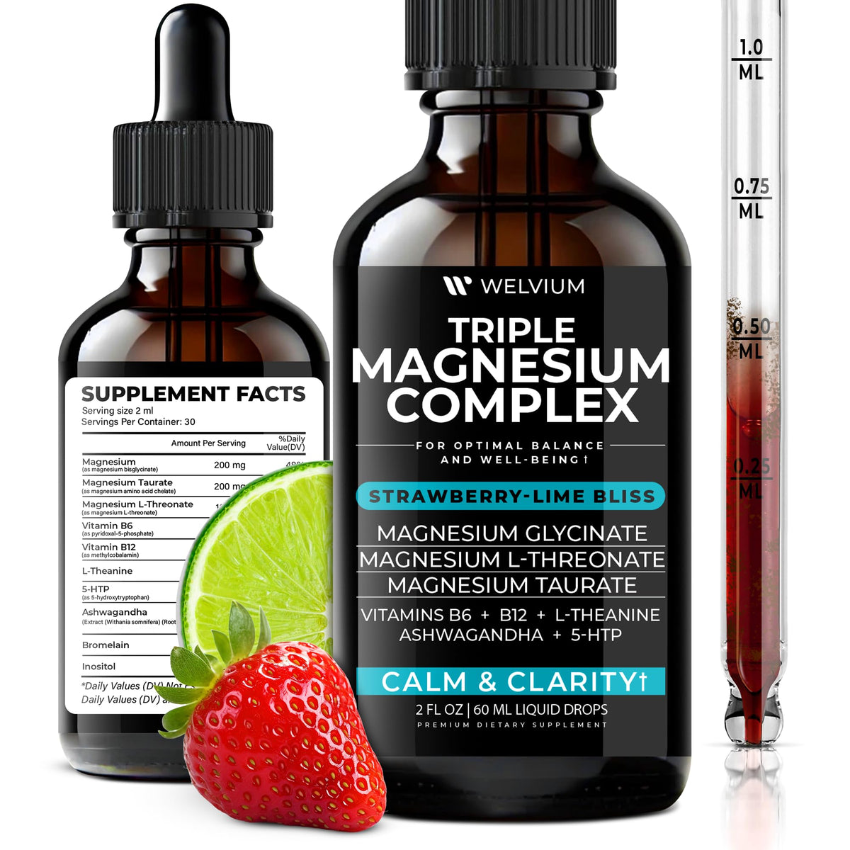 WELVIUM Magnesium Glycinate Liquid Drops front view with dropper