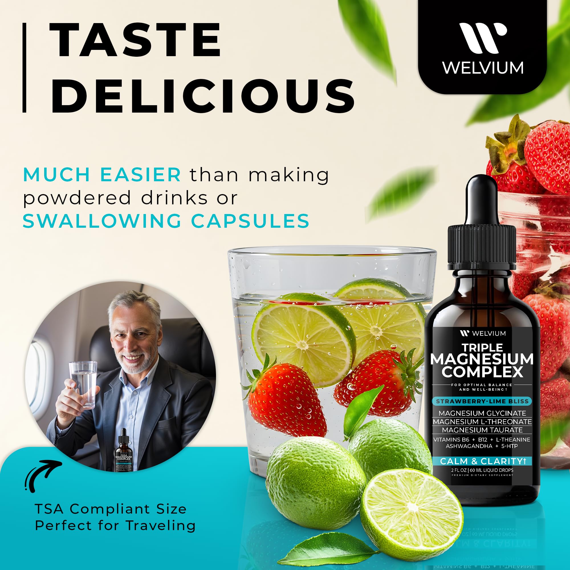 WELVIUM Magnesium Glycinate Liquid Drops on a wooden table