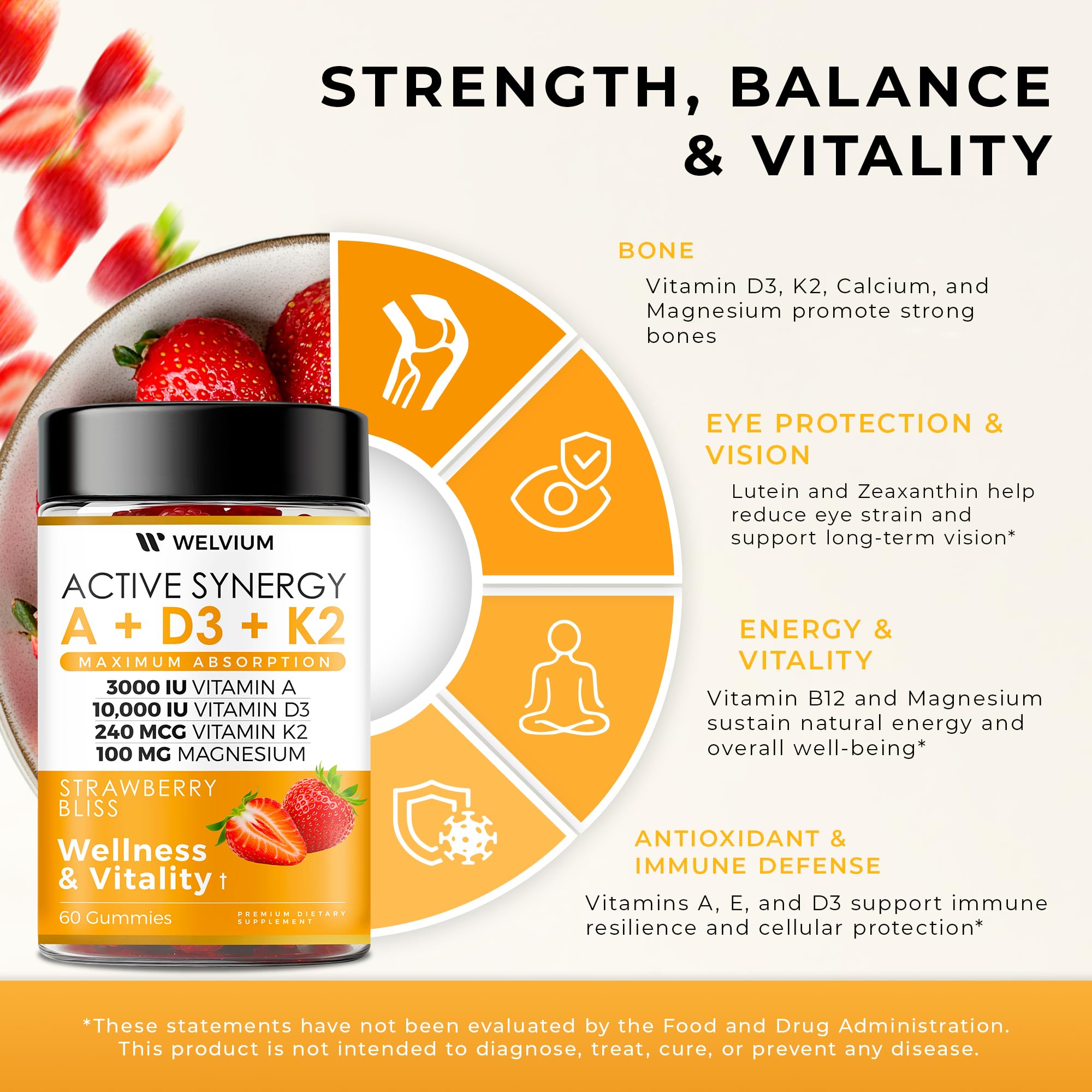 WELVIUM Vitamin D3 + K2 MK-7 Gummies on a wooden table