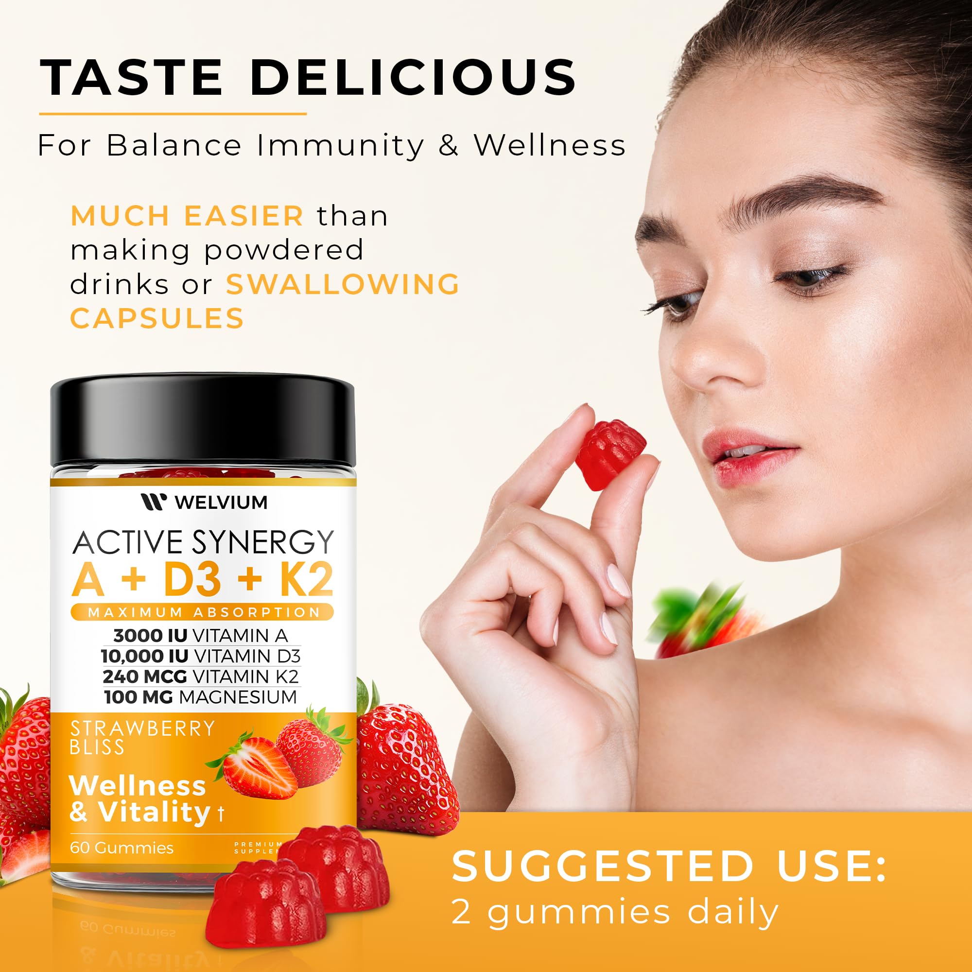 WELVIUM Vitamin D3 + K2 MK-7 Gummies with calcium and magnesium