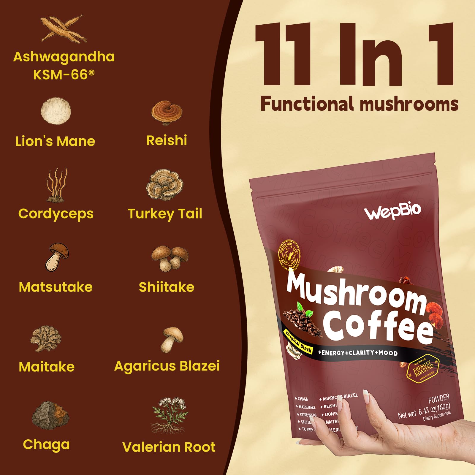 WepBio Mushroom Coffee Blend 180g packaging
