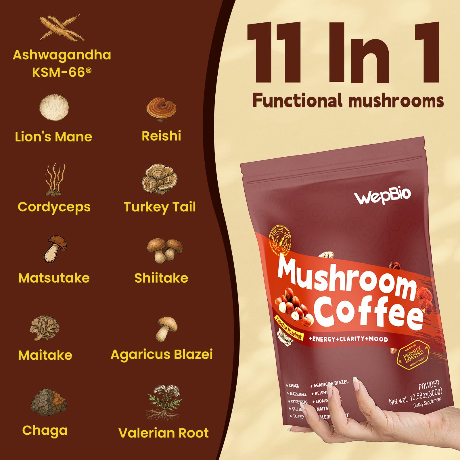 WepBio Mushroom Coffee Blend 300g side view with ingredient list