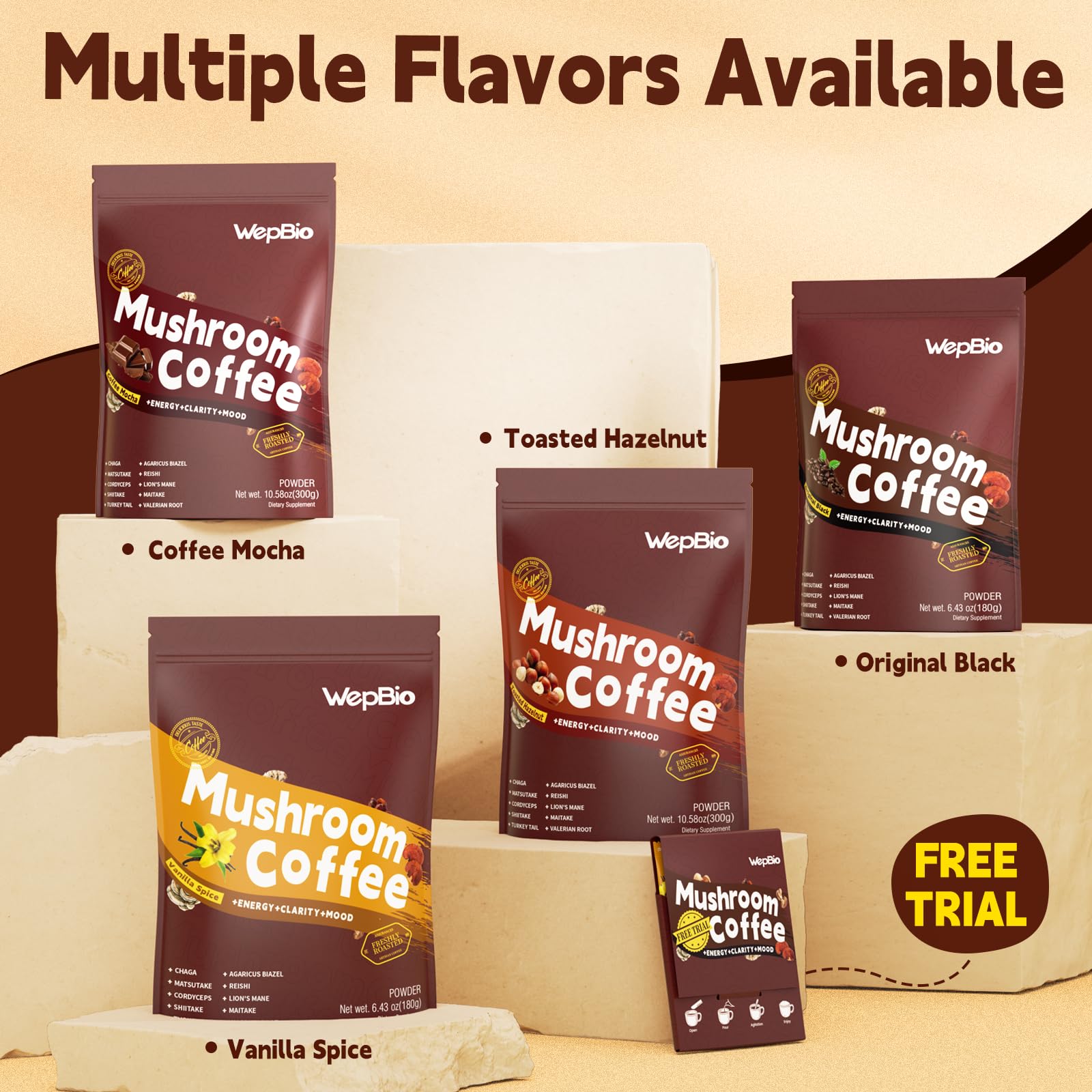 WepBio Mushroom Coffee Blend 300g with Vanilla Spice flavour option