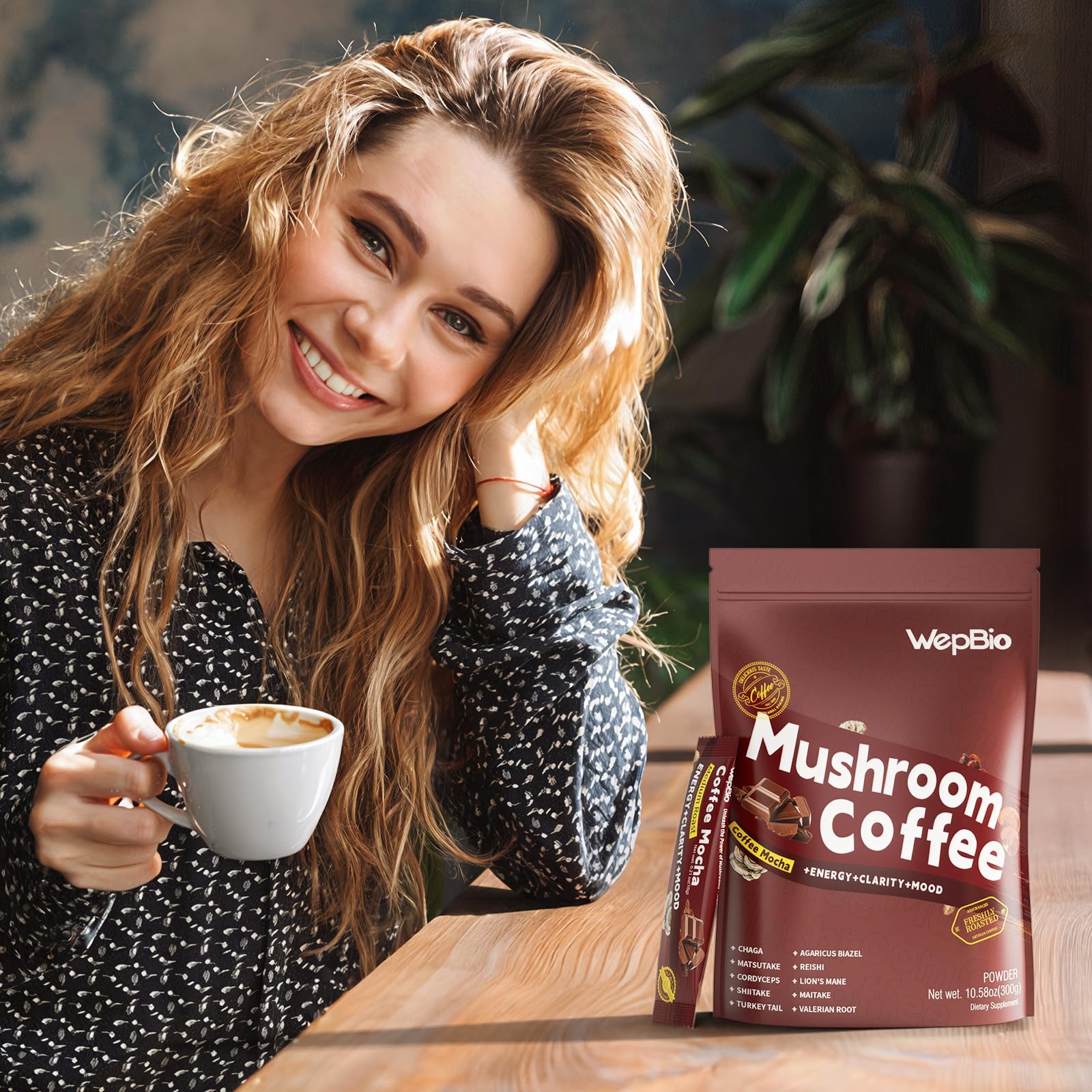 WepBio Mushroom Coffee Blend served in a cup