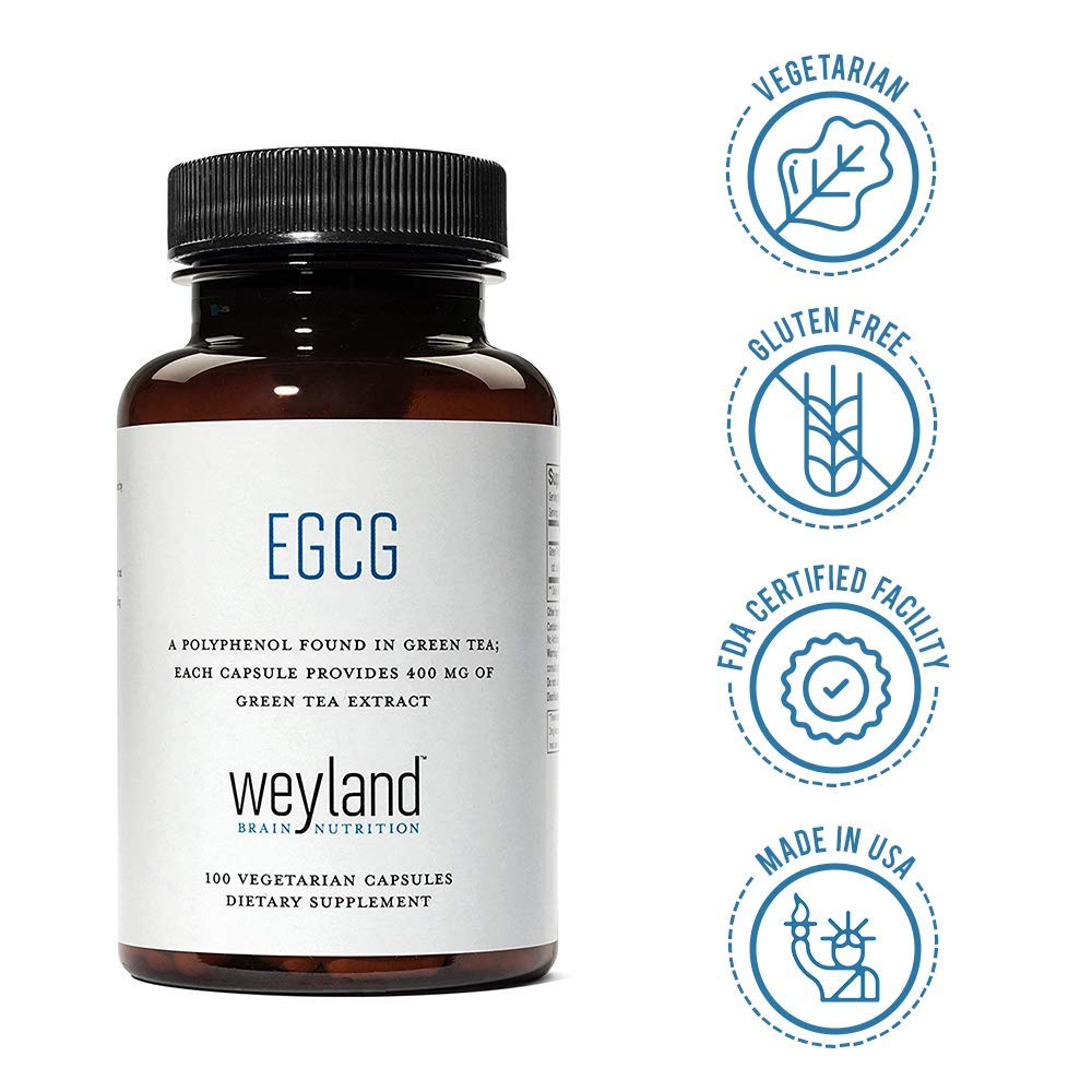 Weyland Brain Nutrition EGCG Green Tea Extract bottle with capsules scattered