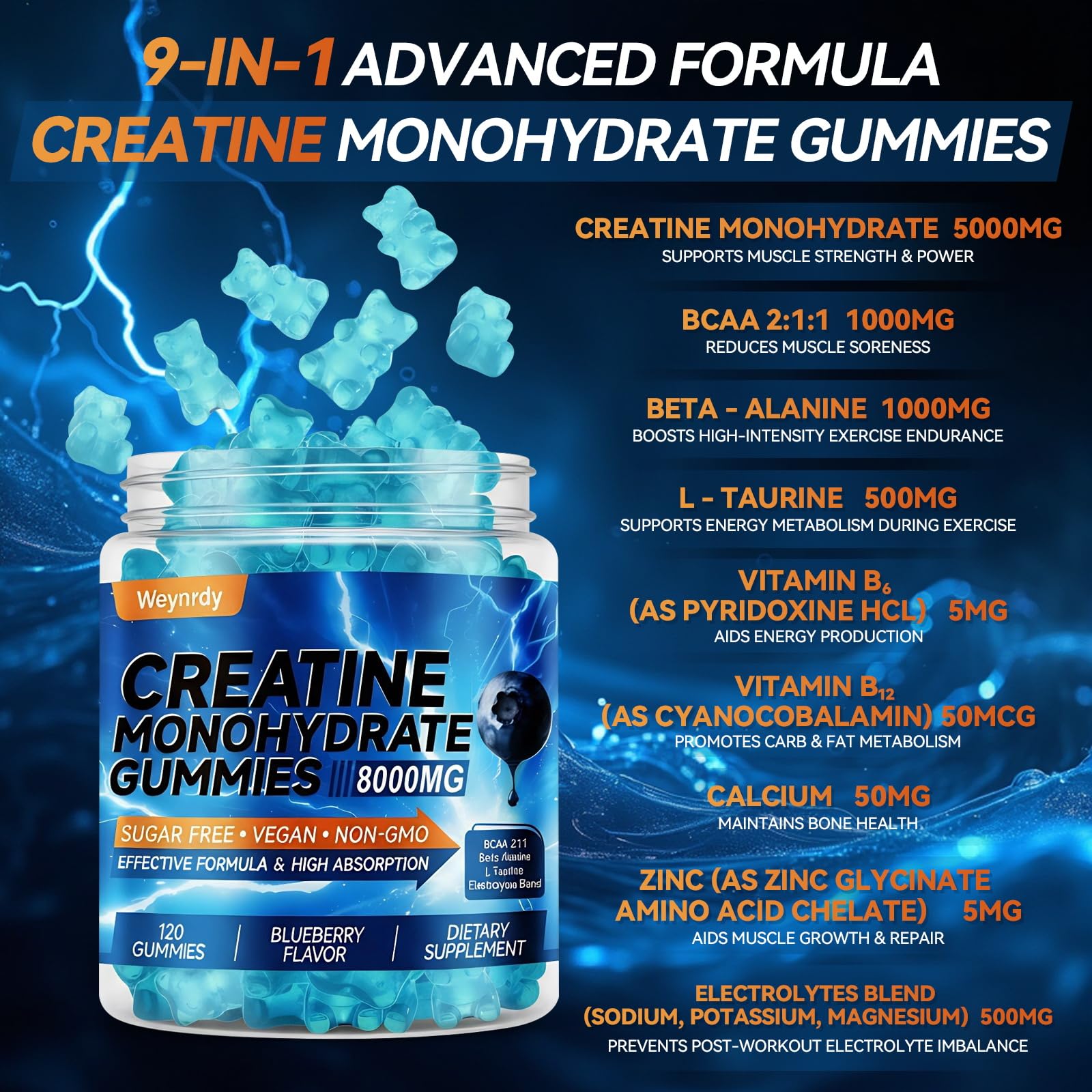 Weynrdy Creatine Gummies packaging with blueberry flavour