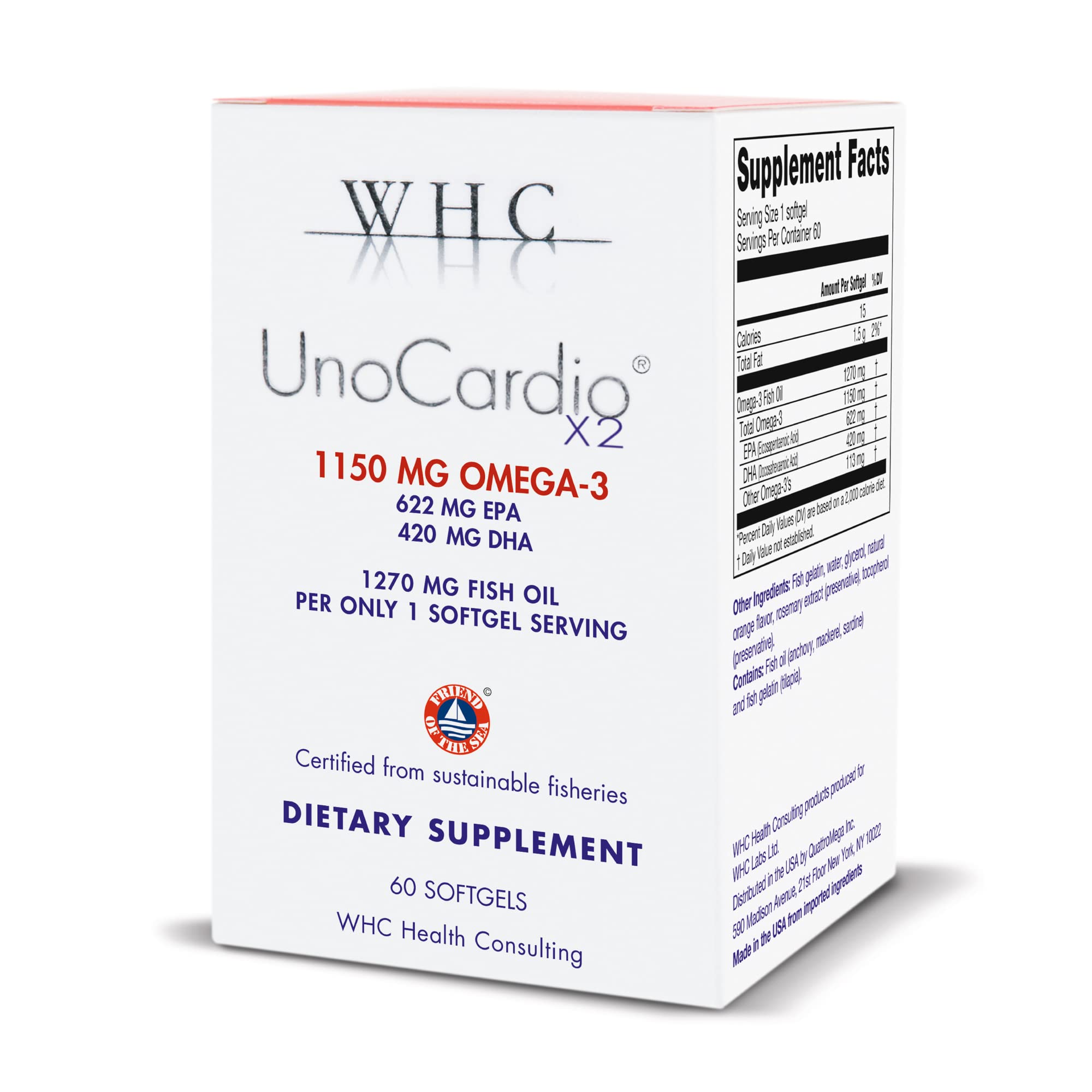 WHC Fish Oil Supplement 1150mg Omega-3 60 Softgels front view