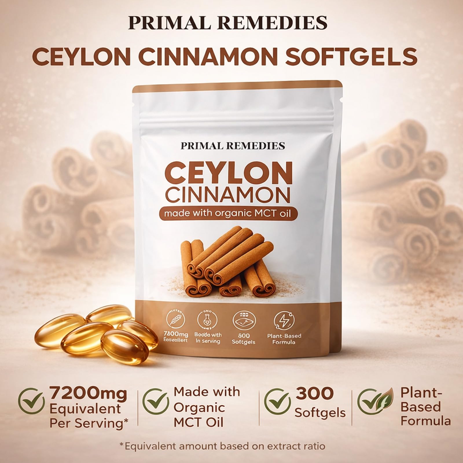 WHDEOW Ceylon Cinnamon Softgels displayed on a wooden table