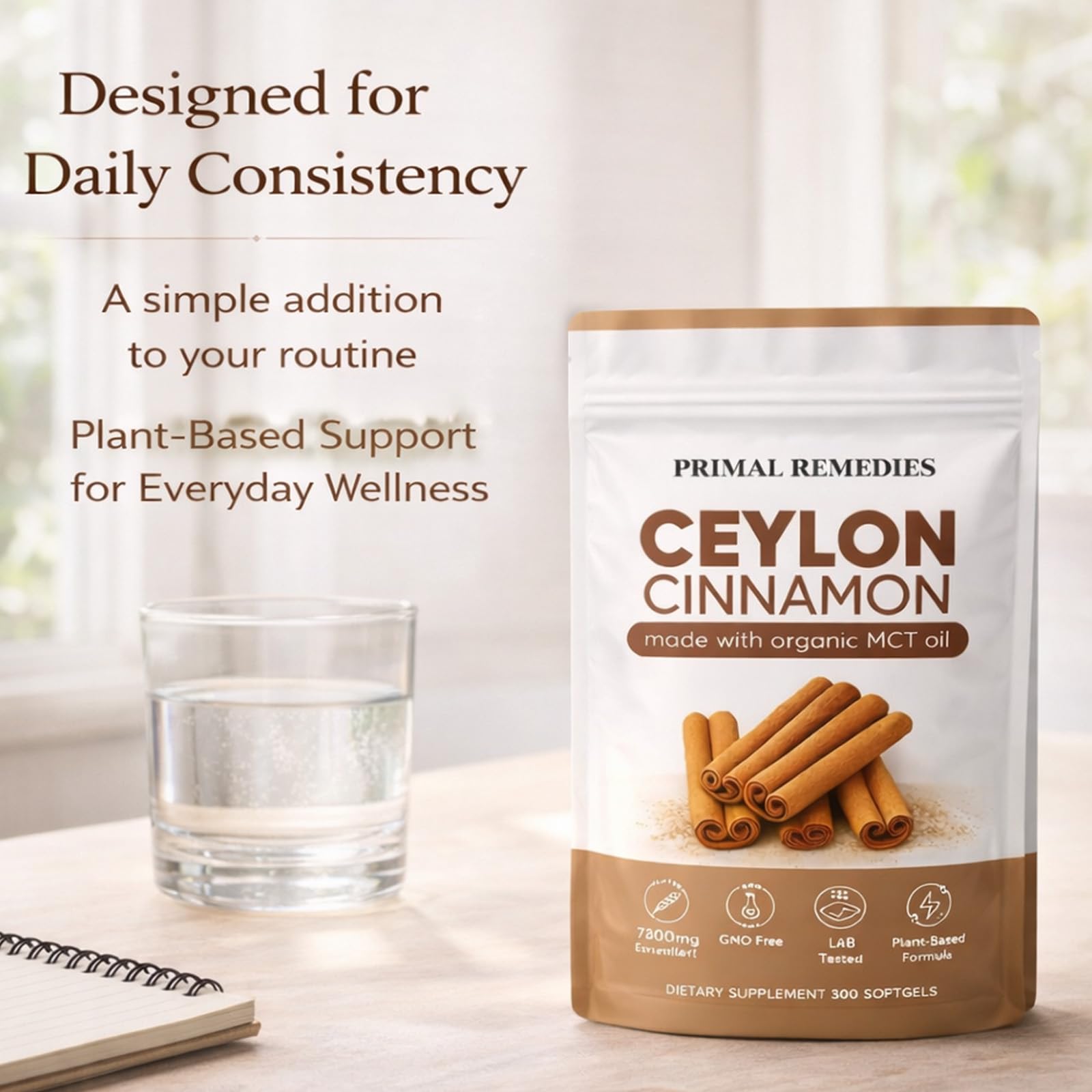 WHDEOW Ceylon Cinnamon Softgels with a glass of water