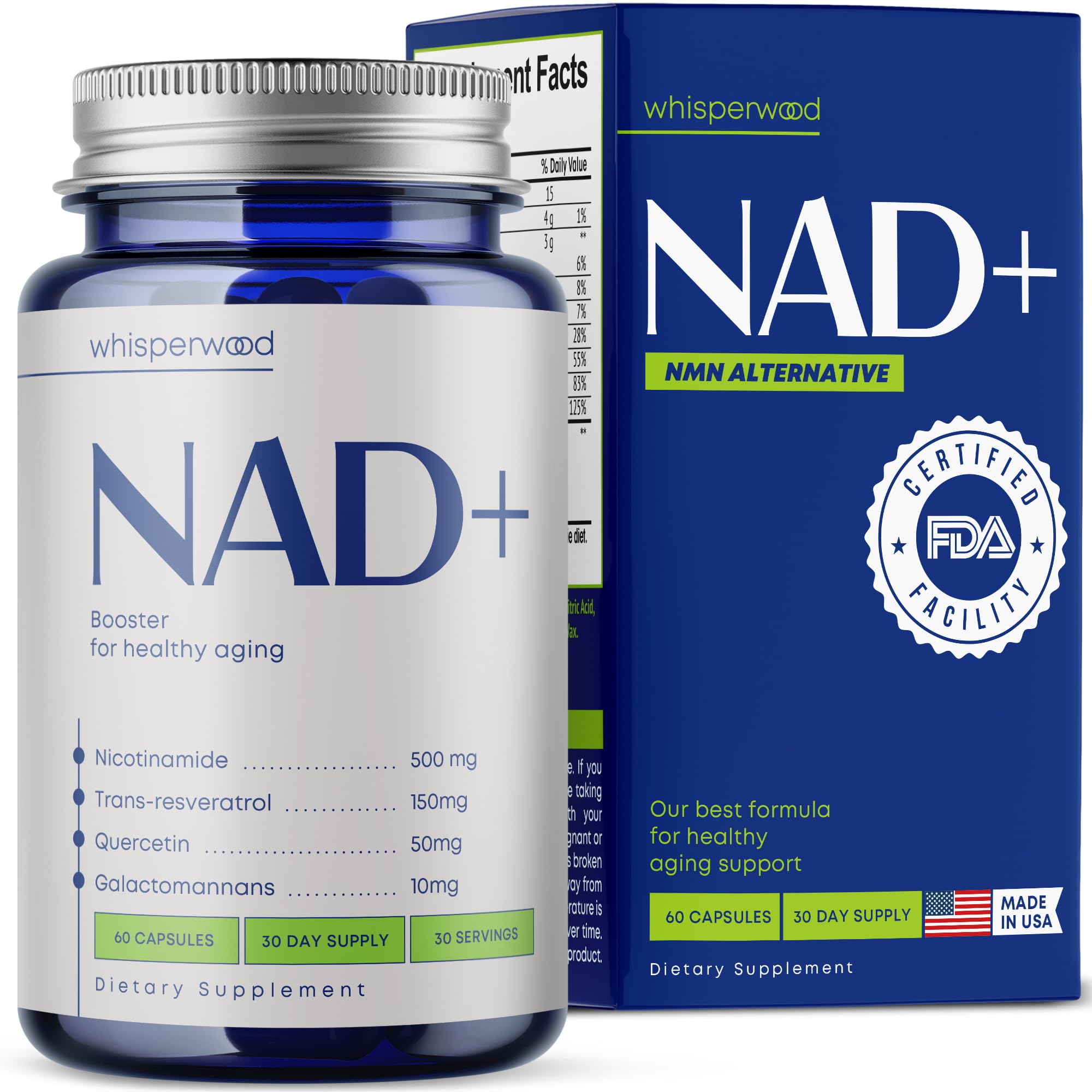 WHISPERWOOD NAD+ Resveratrol Complex 500mg Capsules front view