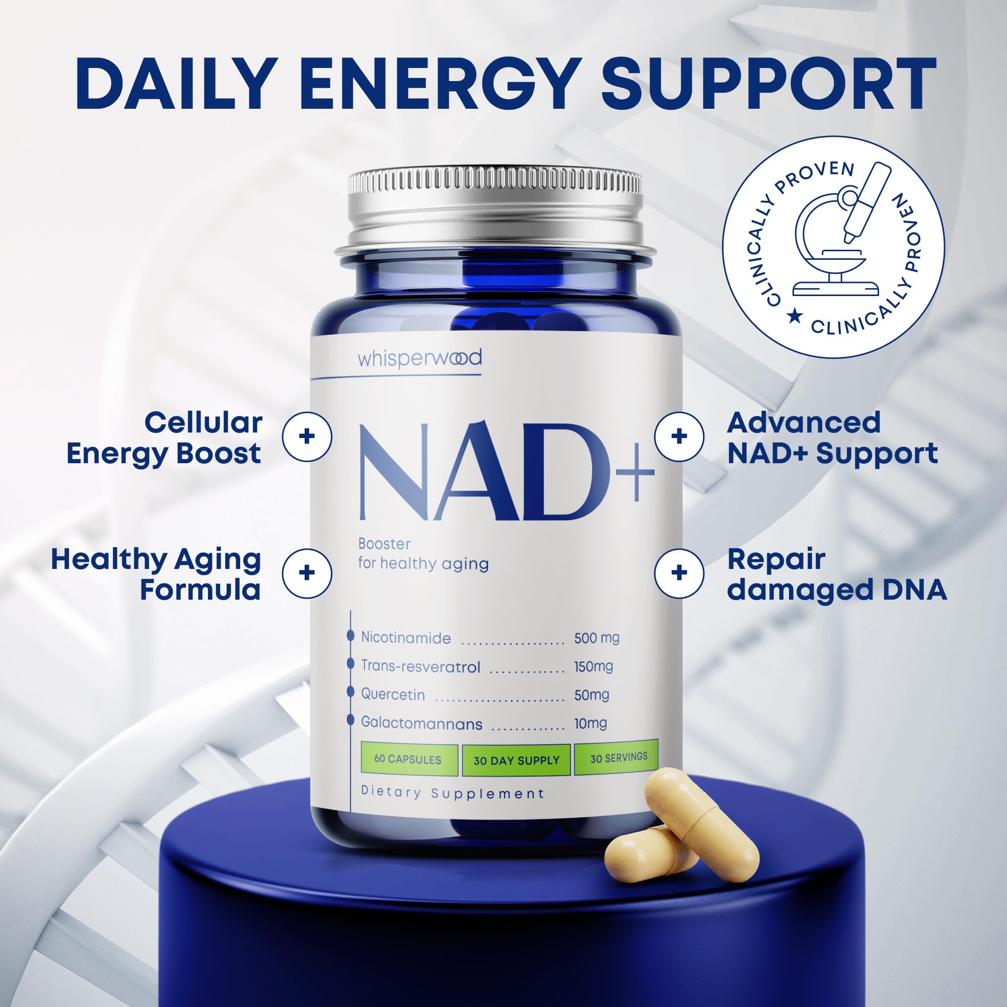 WHISPERWOOD NAD+ Resveratrol Complex 500mg Capsules side view
