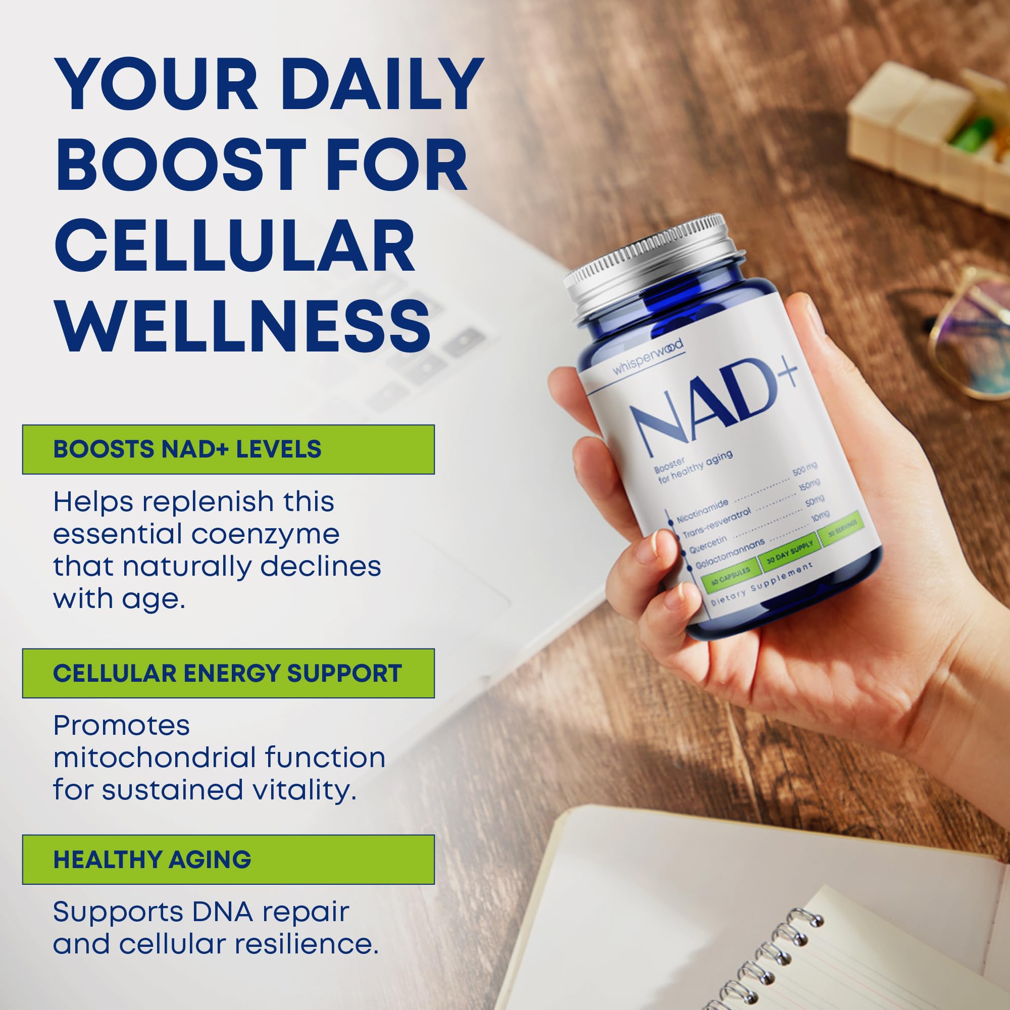 WHISPERWOOD NAD+ Resveratrol Complex capsules in a hand