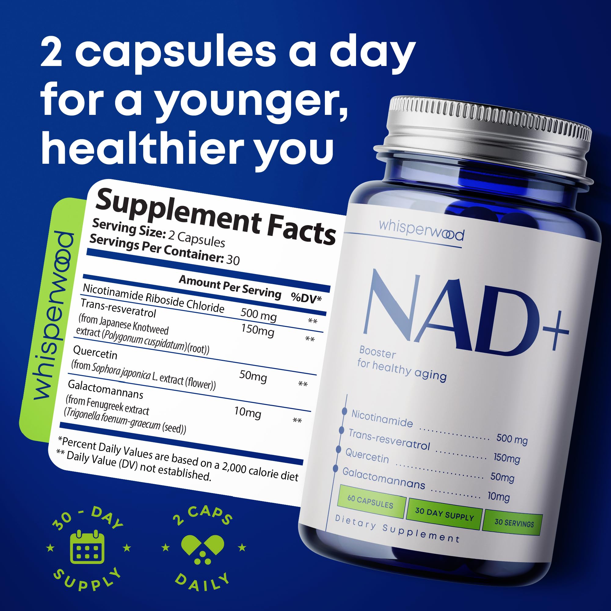 WHISPERWOOD NAD+ Resveratrol Complex capsules on a table