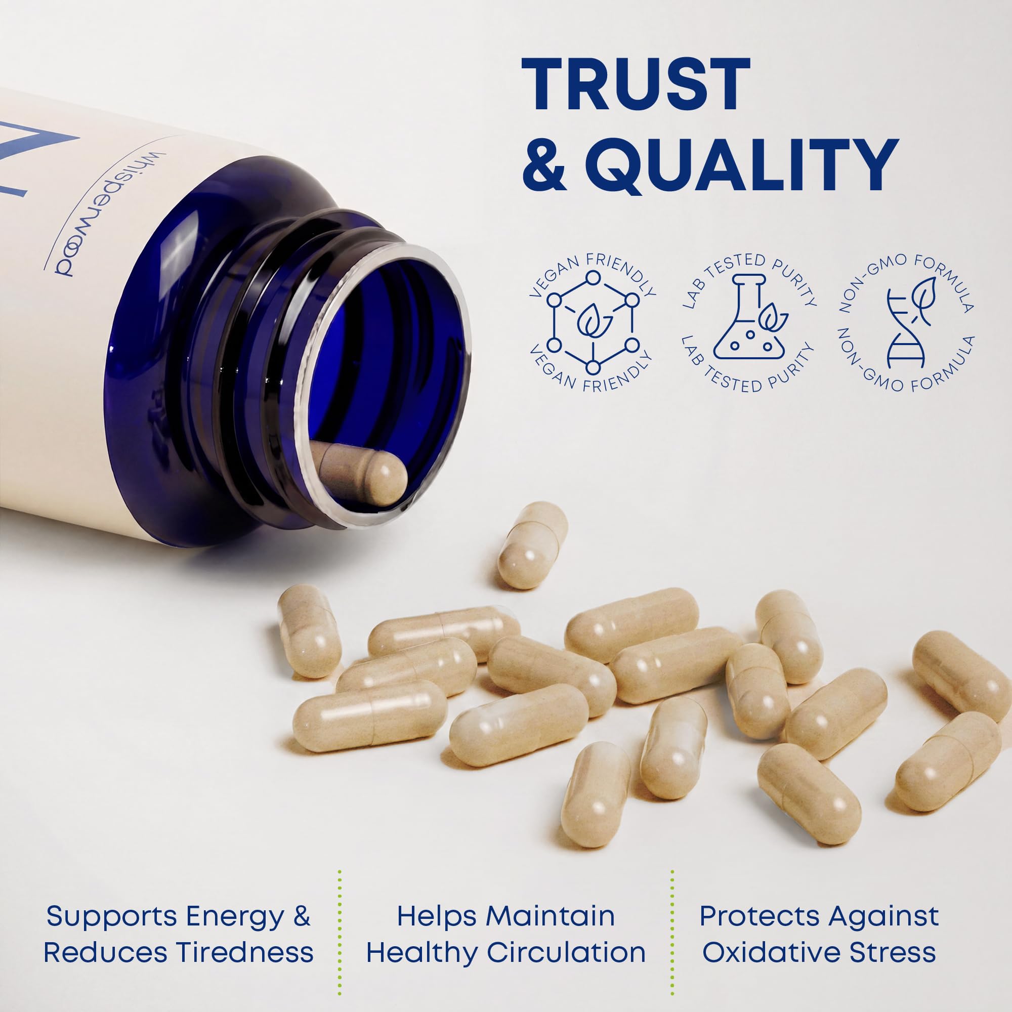 WHISPERWOOD NAD+ Resveratrol Complex capsules with a measuring spoon