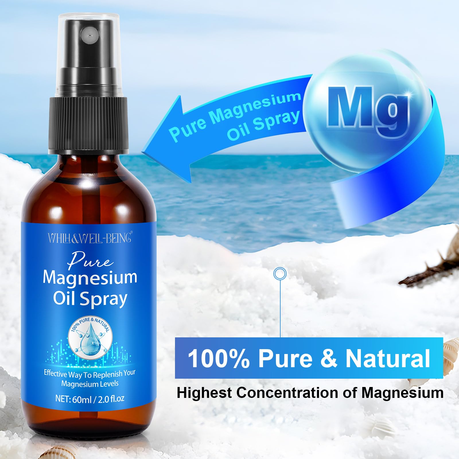 WHLH & WELL-BEING Magnesium Oil Spray 290g bottle side view