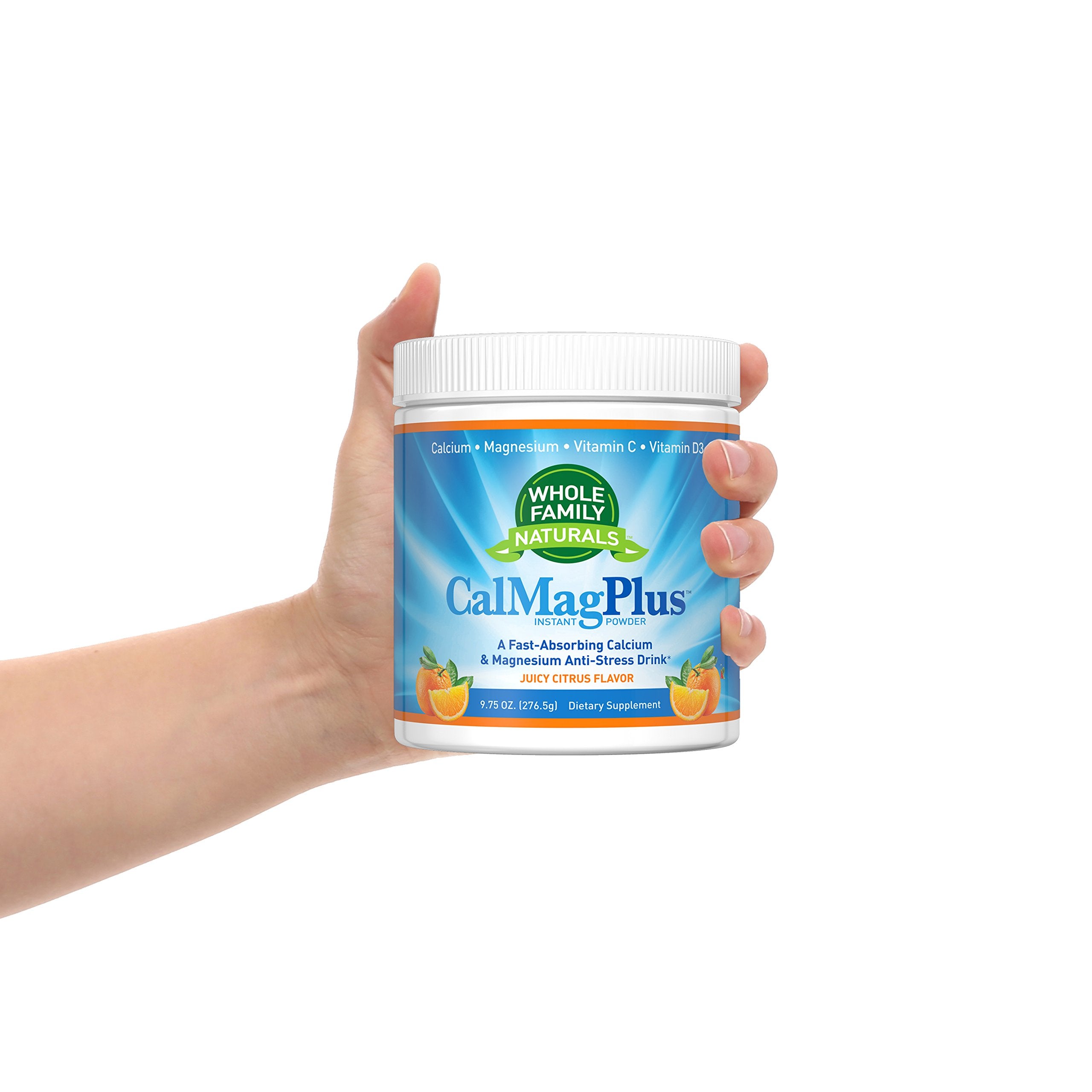 Whole Family Naturals CalMag Plus Juicy Citrus Powder with fresh citrus fruits