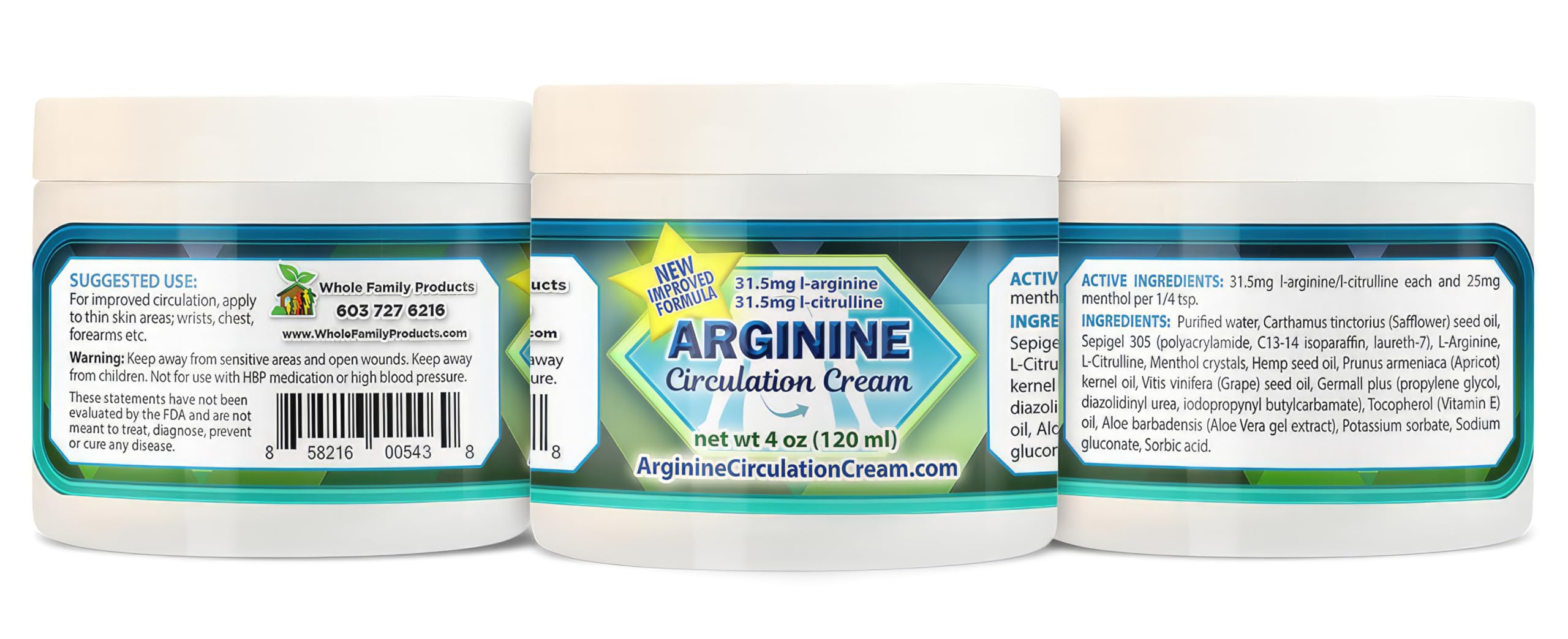 Whole Family Products Arginine Circulation Cream 168g on a bathroom counter