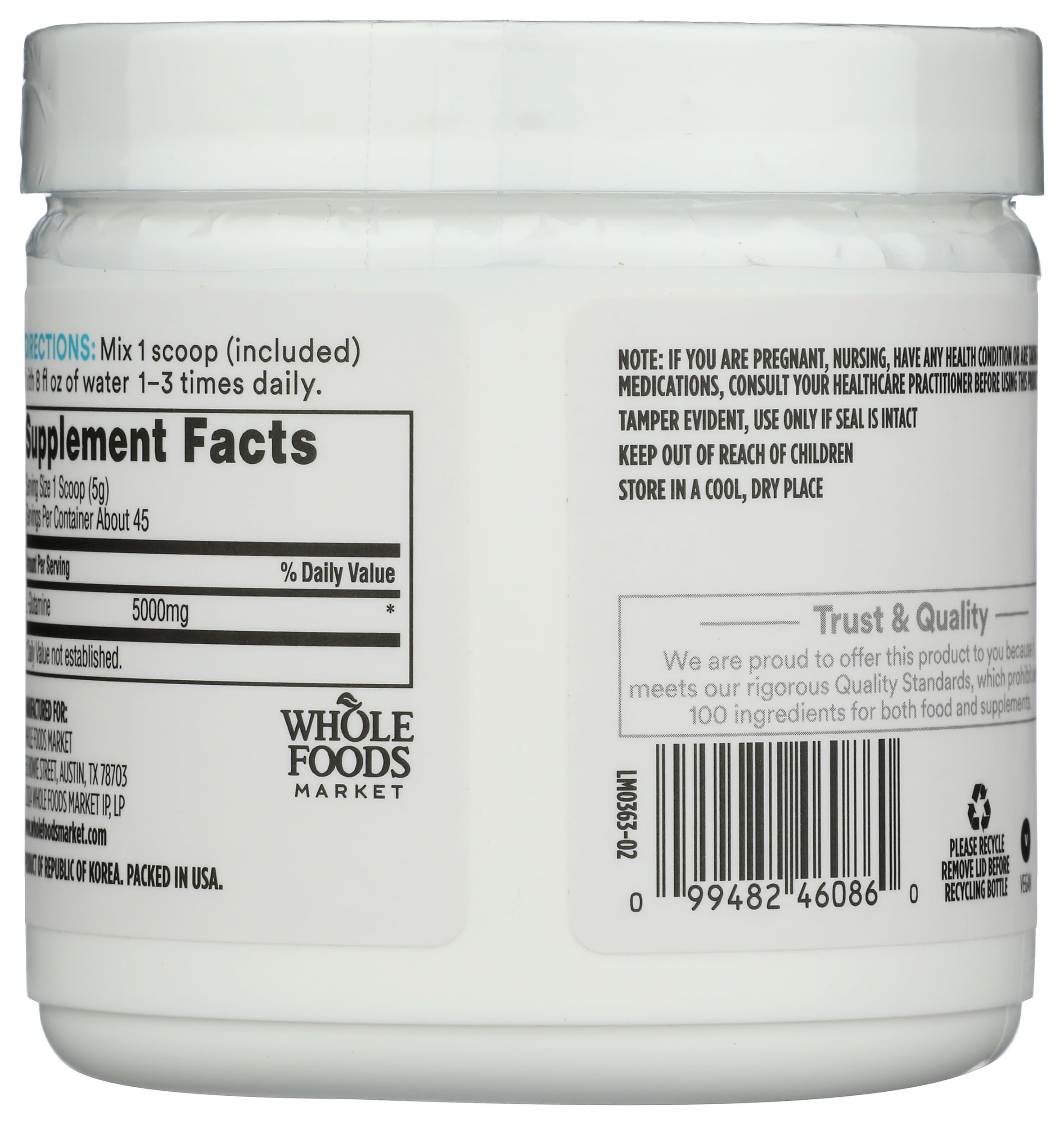 Whole Foods Market L-Glutamine Powder 8 oz back view