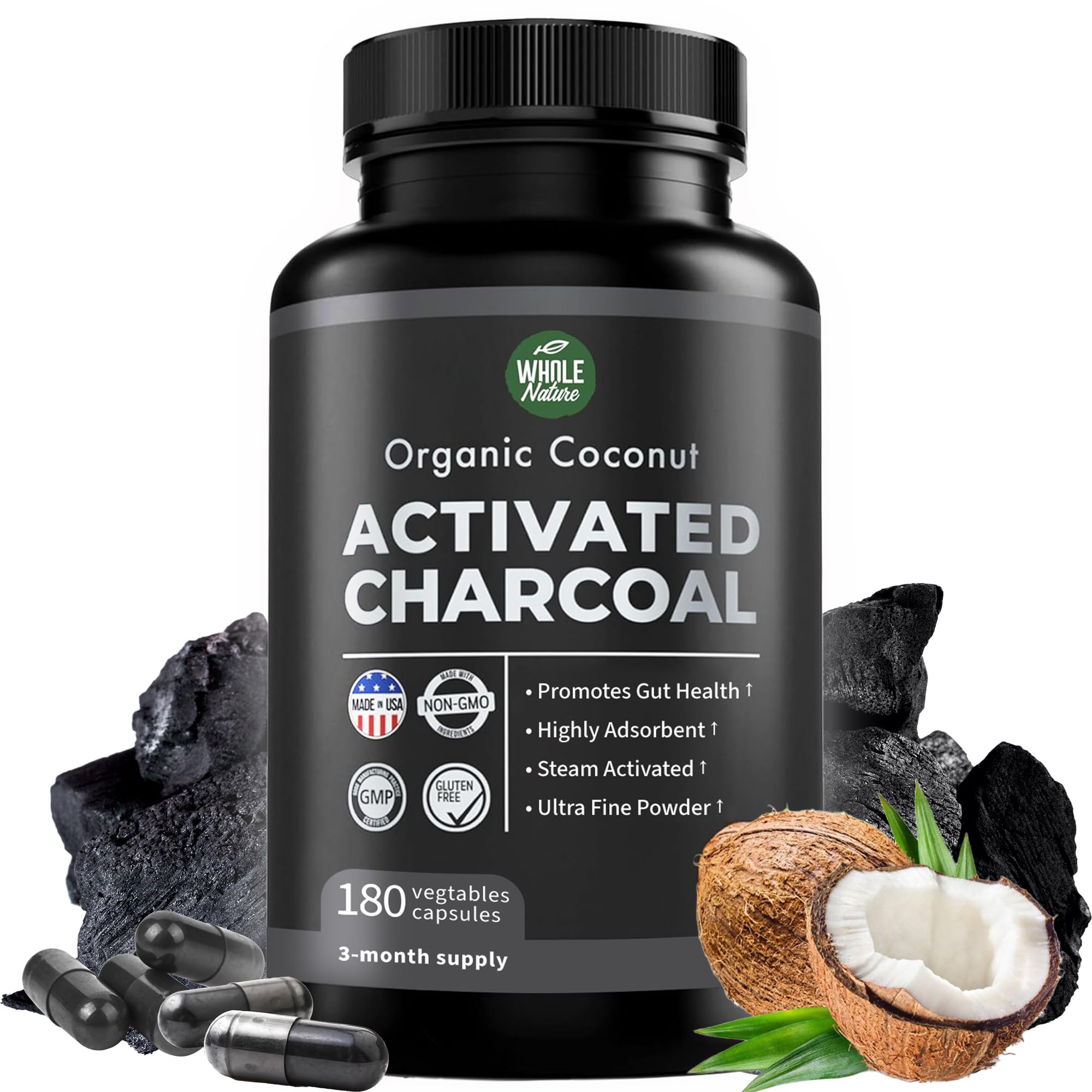 Whole Nature Activated Charcoal Capsules 180 count front view