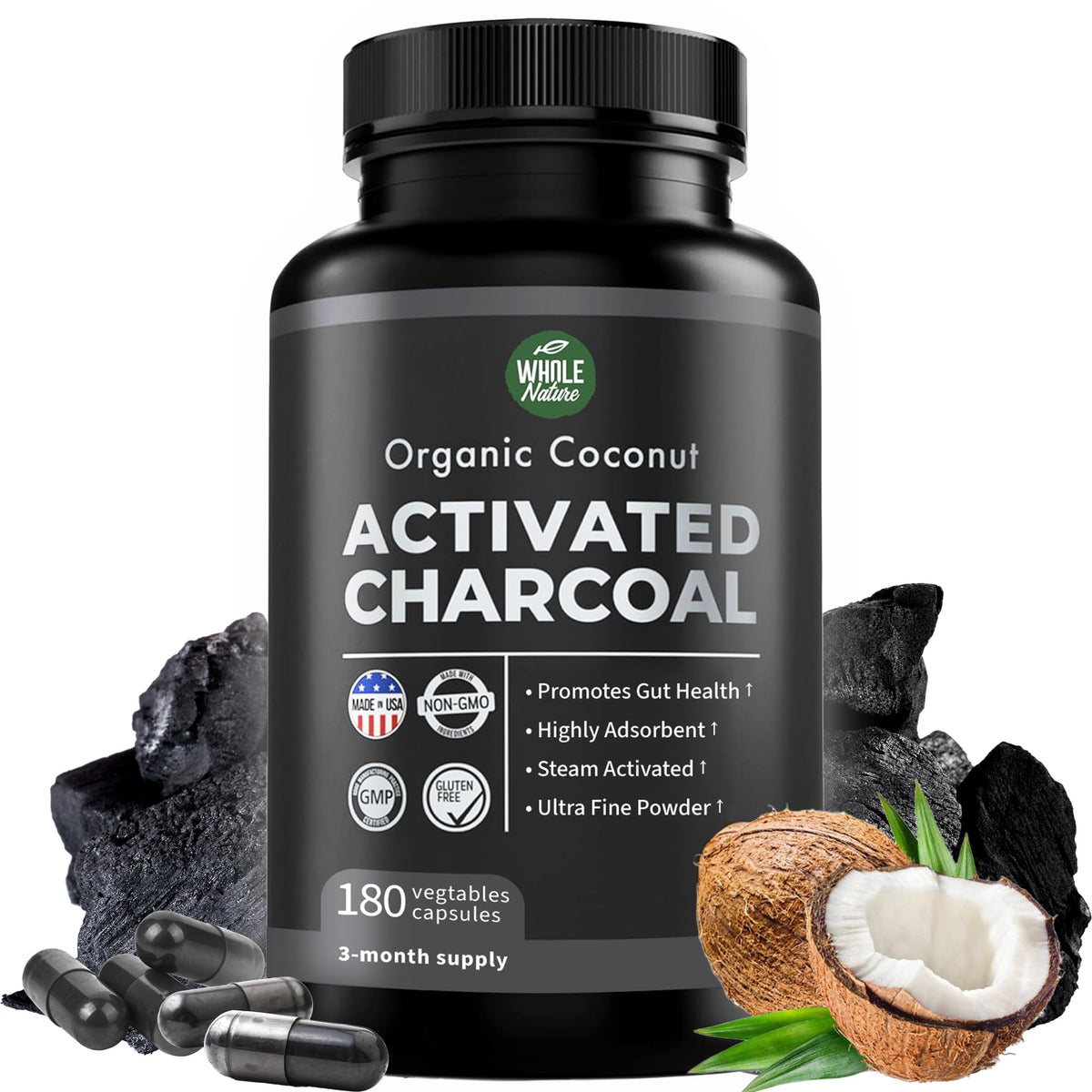 Whole Nature Activated Charcoal Capsules 180 count front view