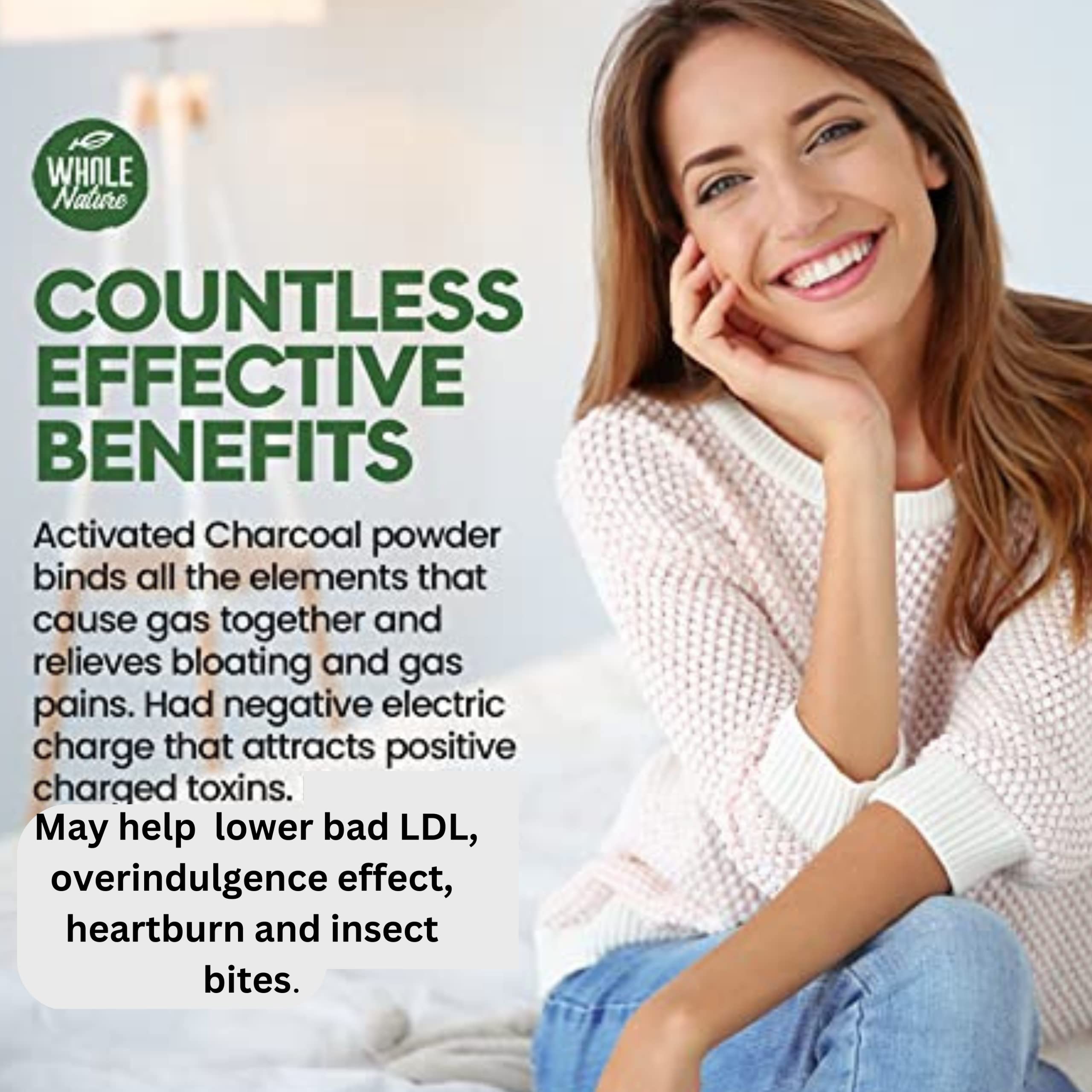 Whole Nature Activated Charcoal Capsules with coconut shell background