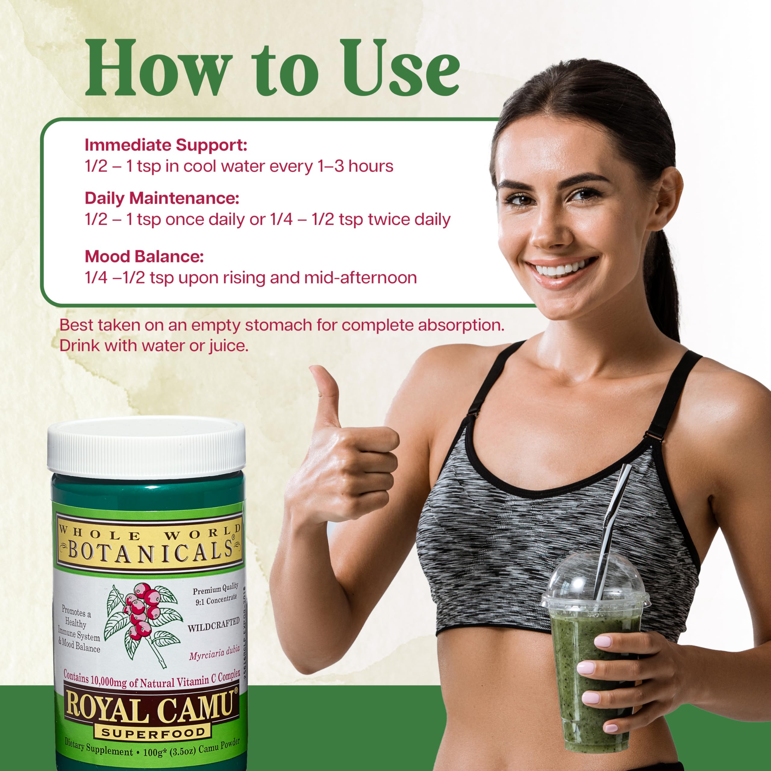 Whole World Botanicals Camu Camu Vitamin C Powder mixed in a drink