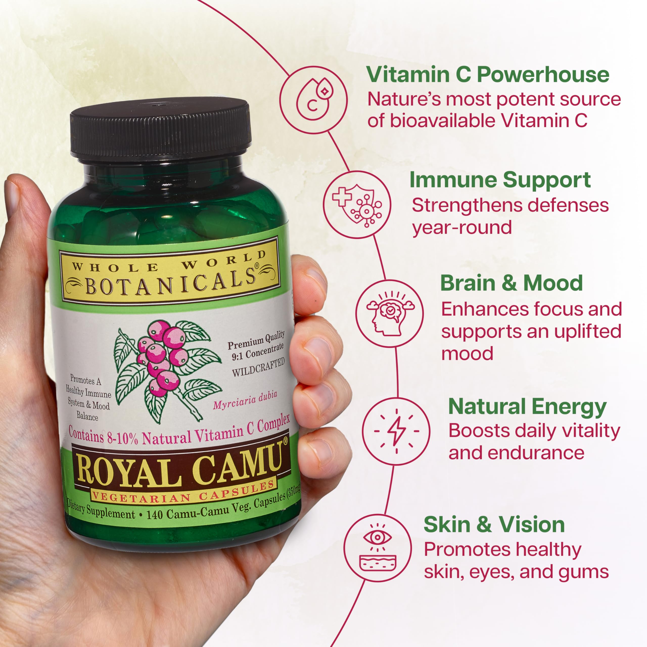 Whole World Botanicals Royal Camu Light Capsules bottle with label