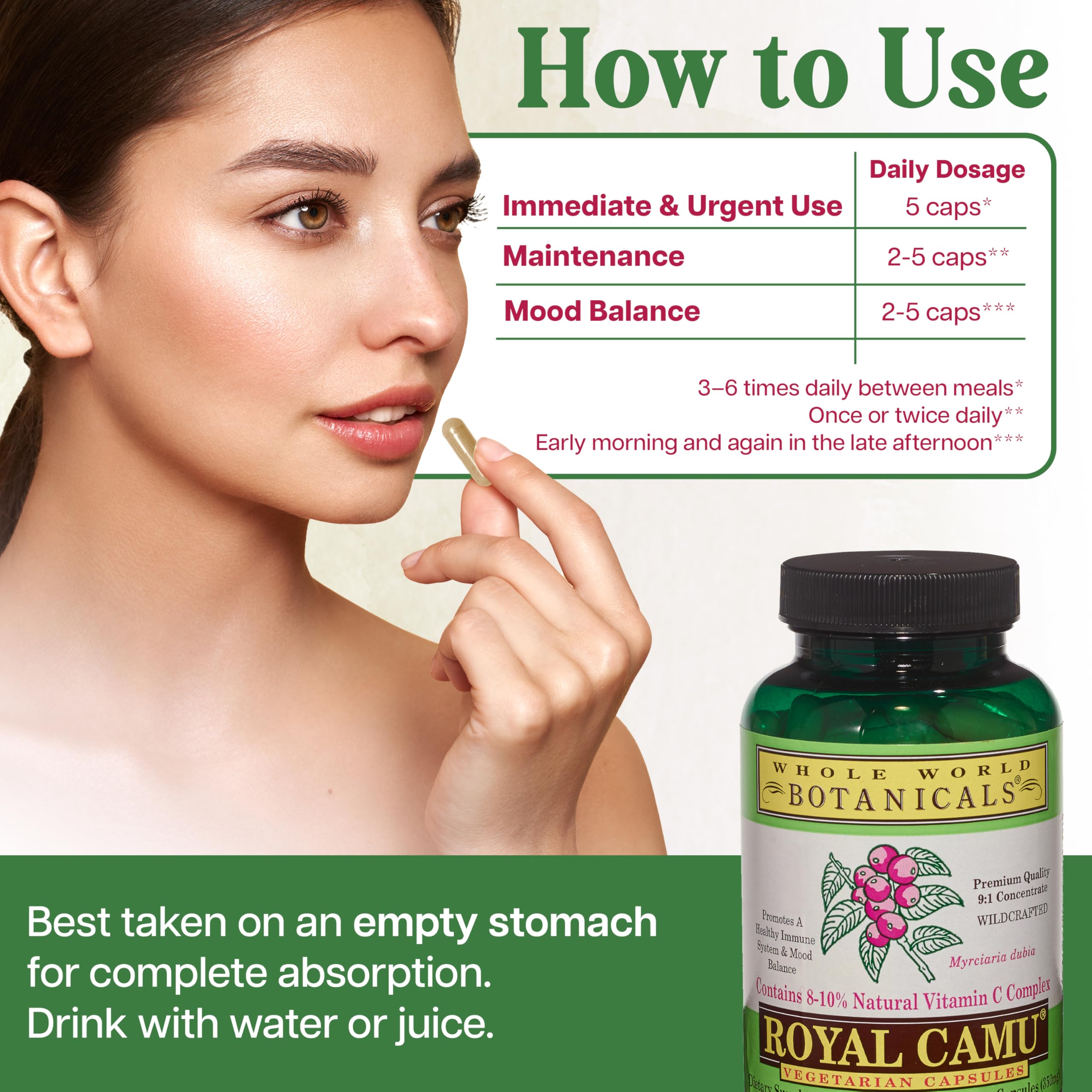 Whole World Botanicals Royal Camu Light Capsules on a wooden table