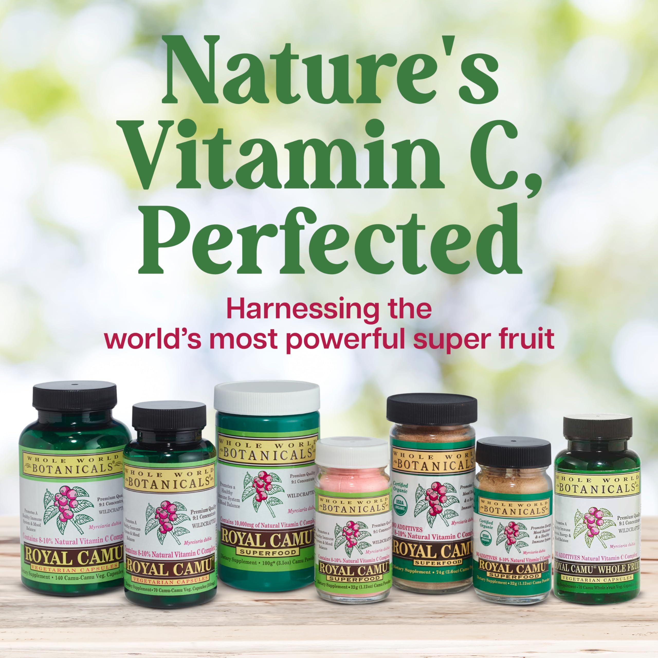 Whole World Botanicals Royal Camu Light Capsules with a measuring spoon