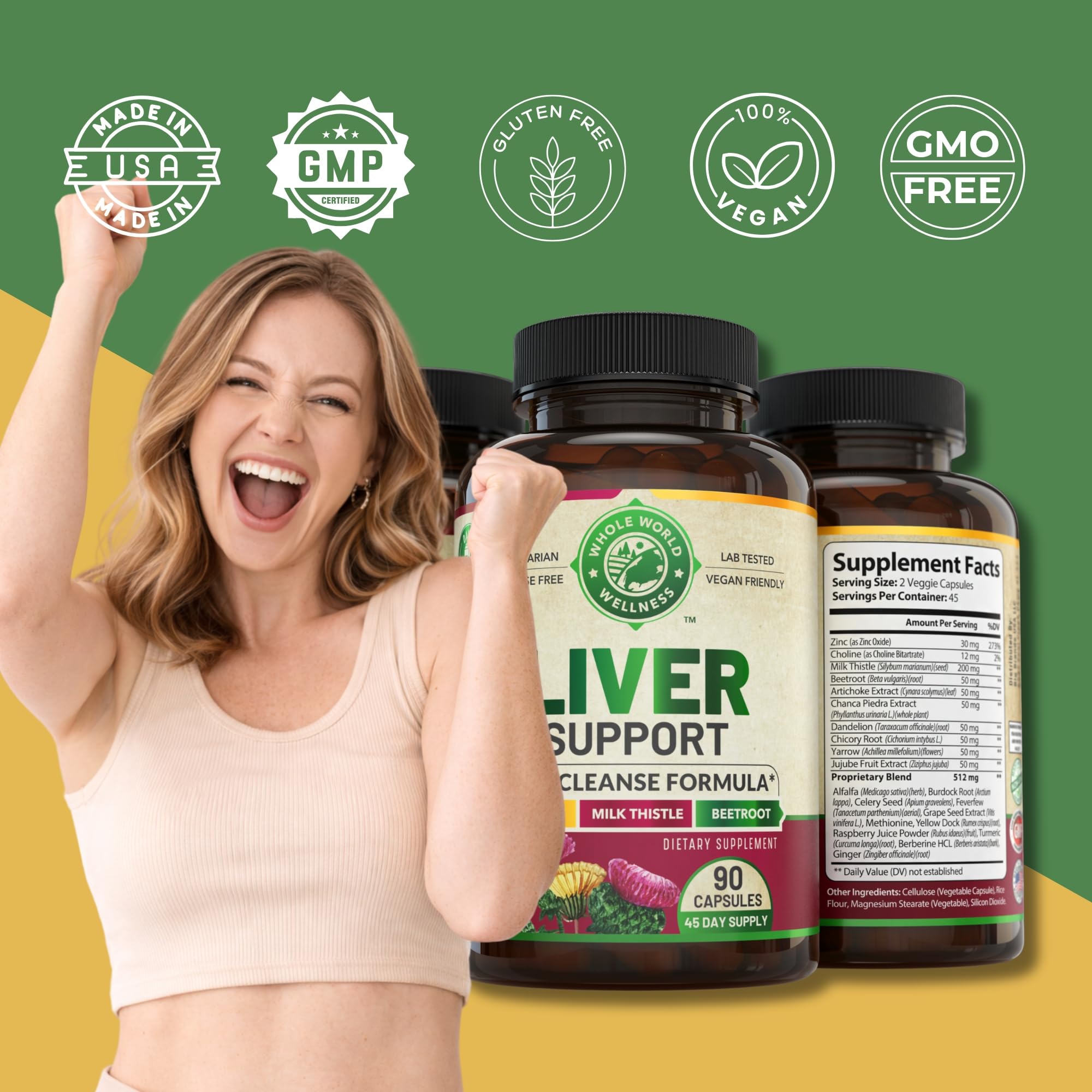 WHOLE WORLD WELLNESS Artichoke Liver Support Supplement bottle with a measuring cup