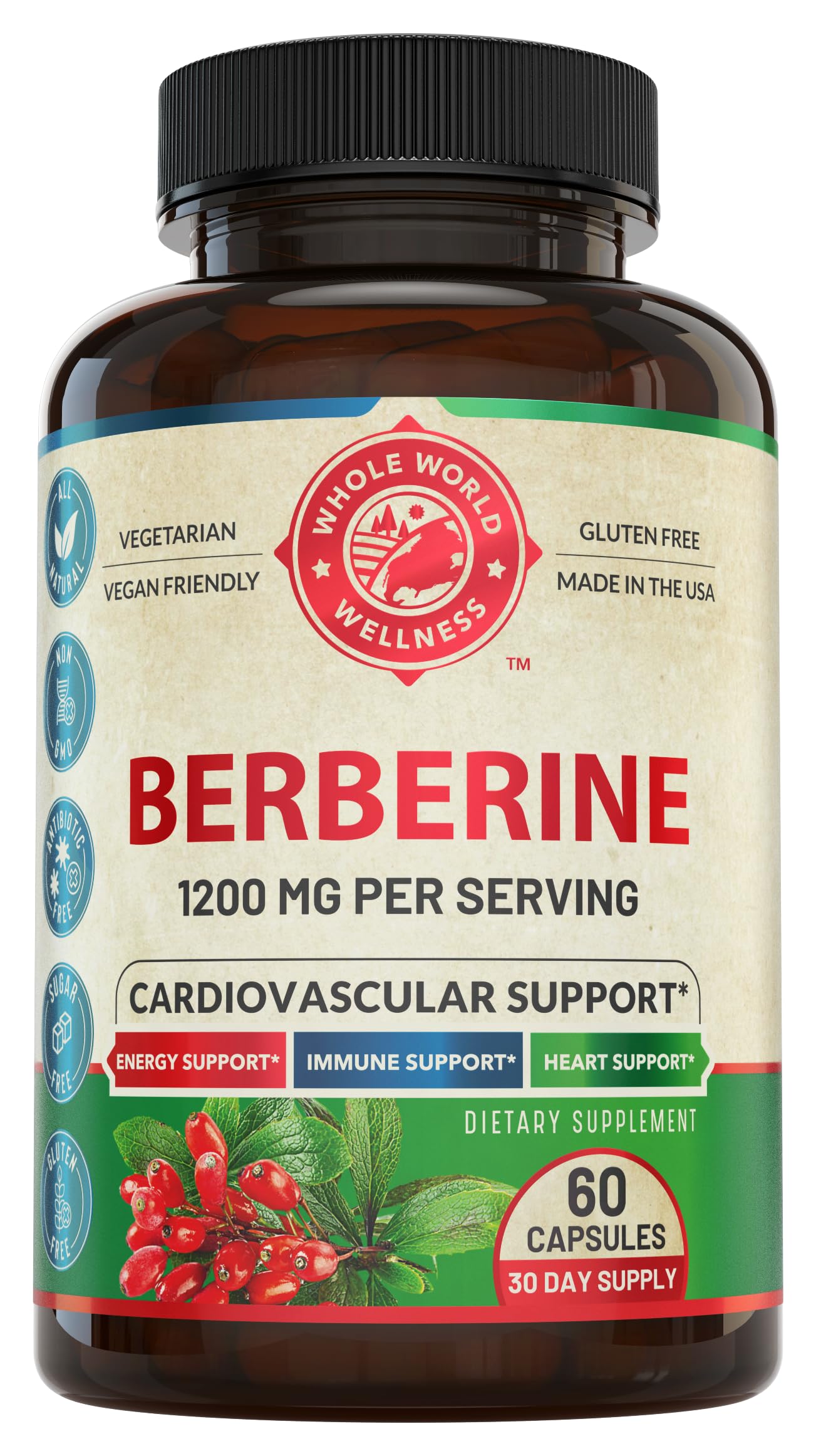 WHOLE WORLD WELLNESS Berberine Supplement 1200mg capsule front view
