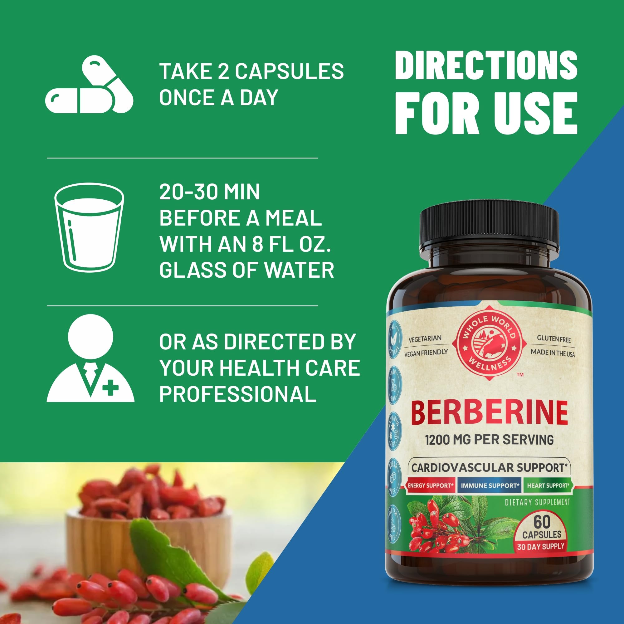 WHOLE WORLD WELLNESS Berberine Supplement 1200mg capsules in a health setting