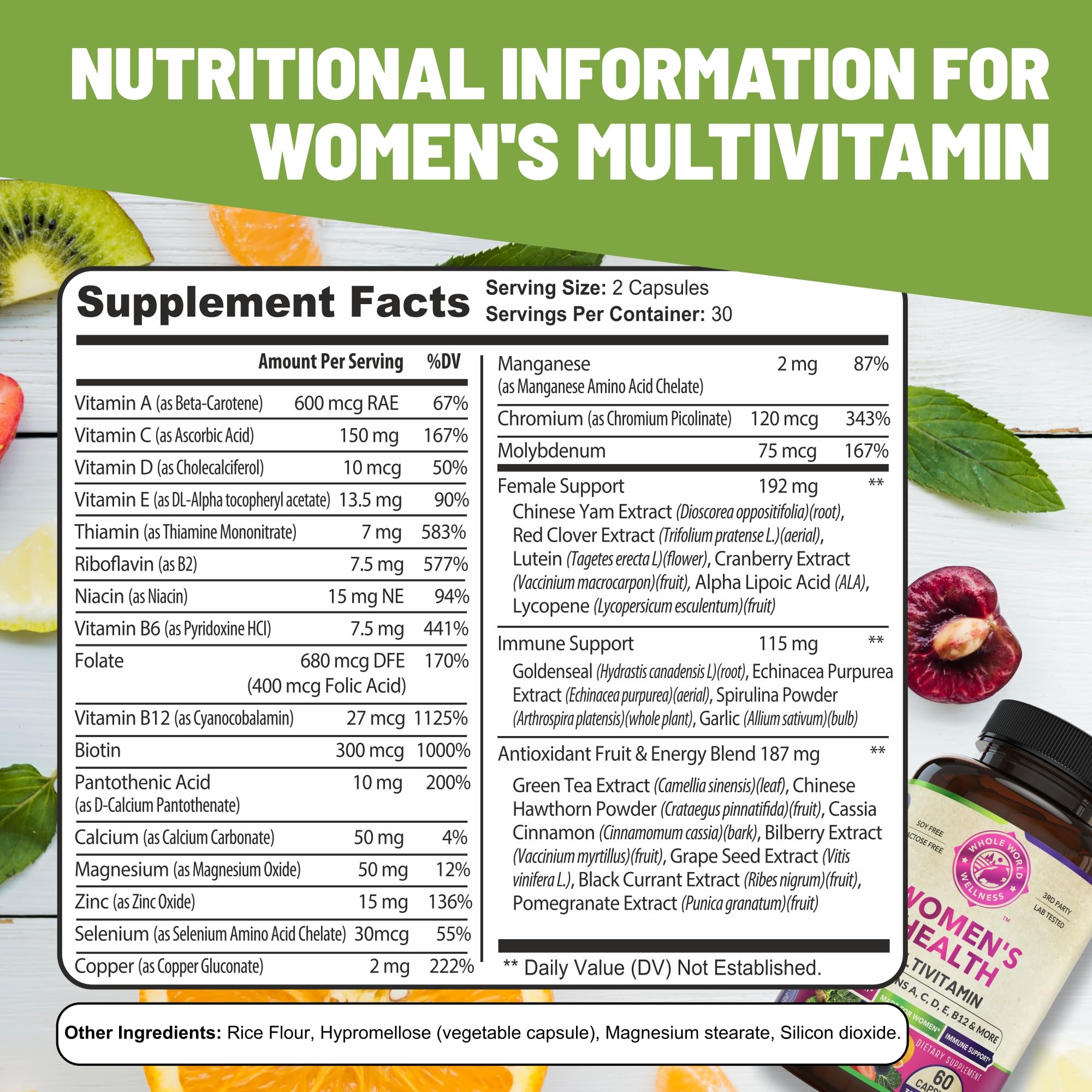 WHOLE WORLD WELLNESS Women's Multivitamin capsules on a wooden surface