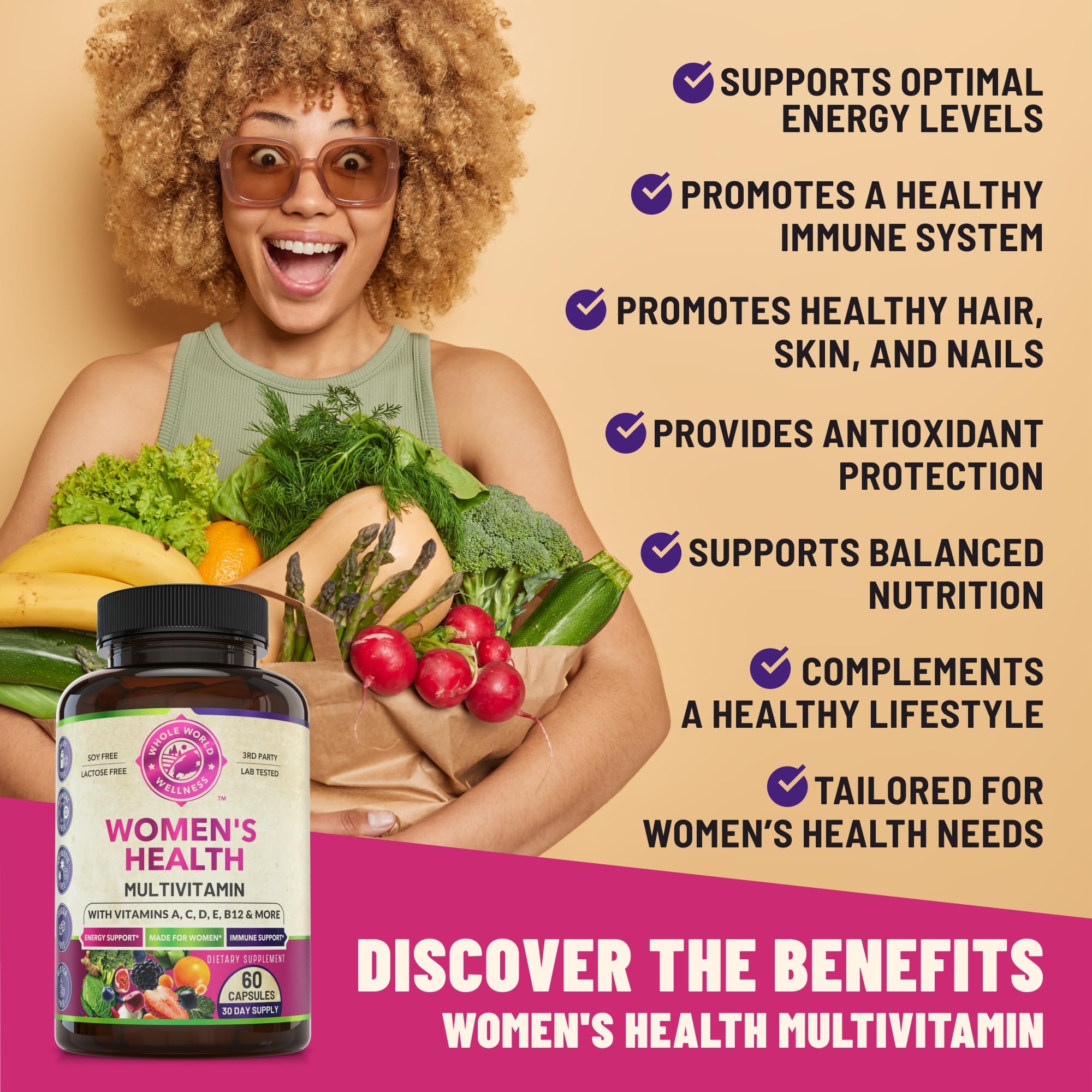 WHOLE WORLD WELLNESS Women's Multivitamin packaging with nutrition facts