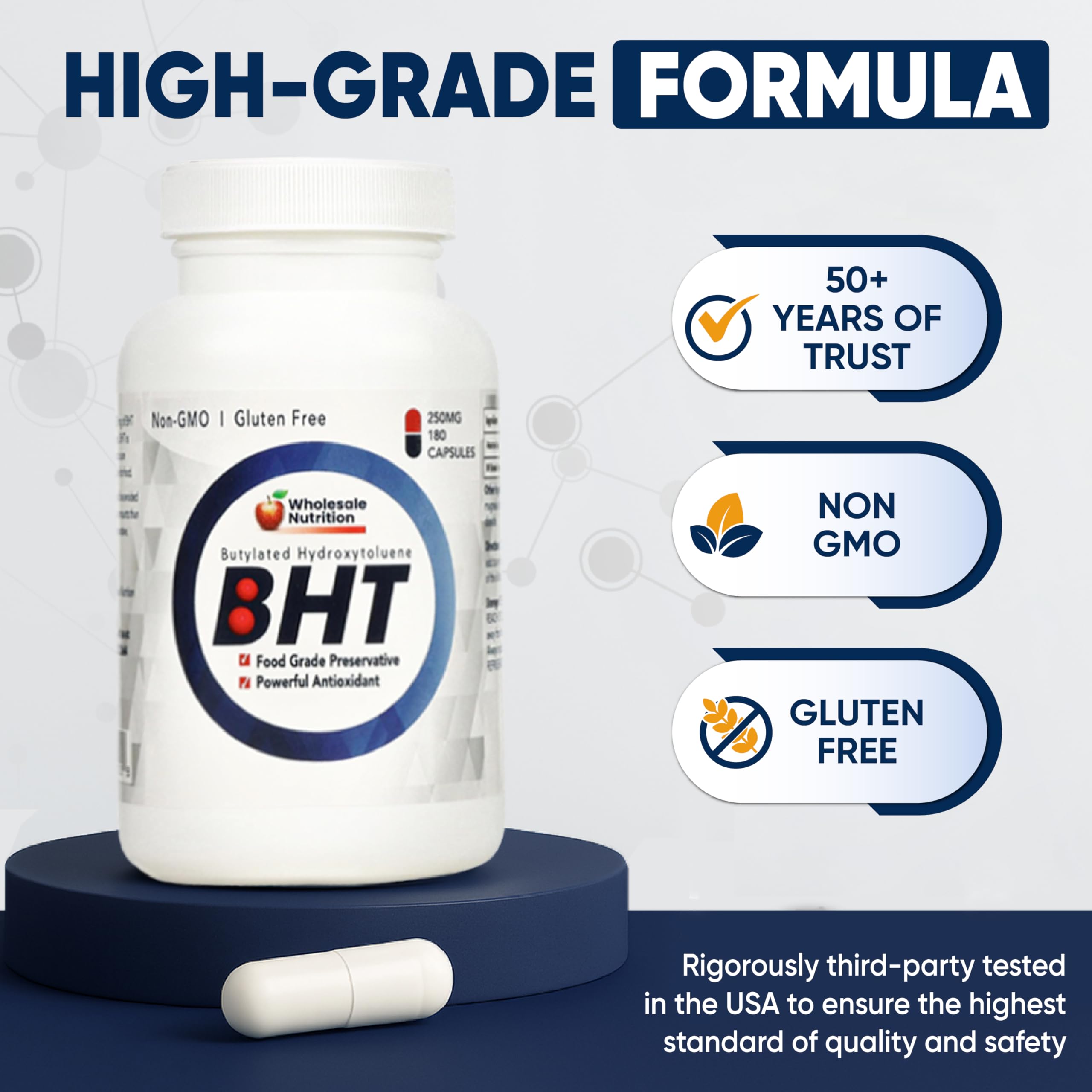 Wholesale Nutrition BHT Antioxidant Capsules 250mg bottle on a wooden table