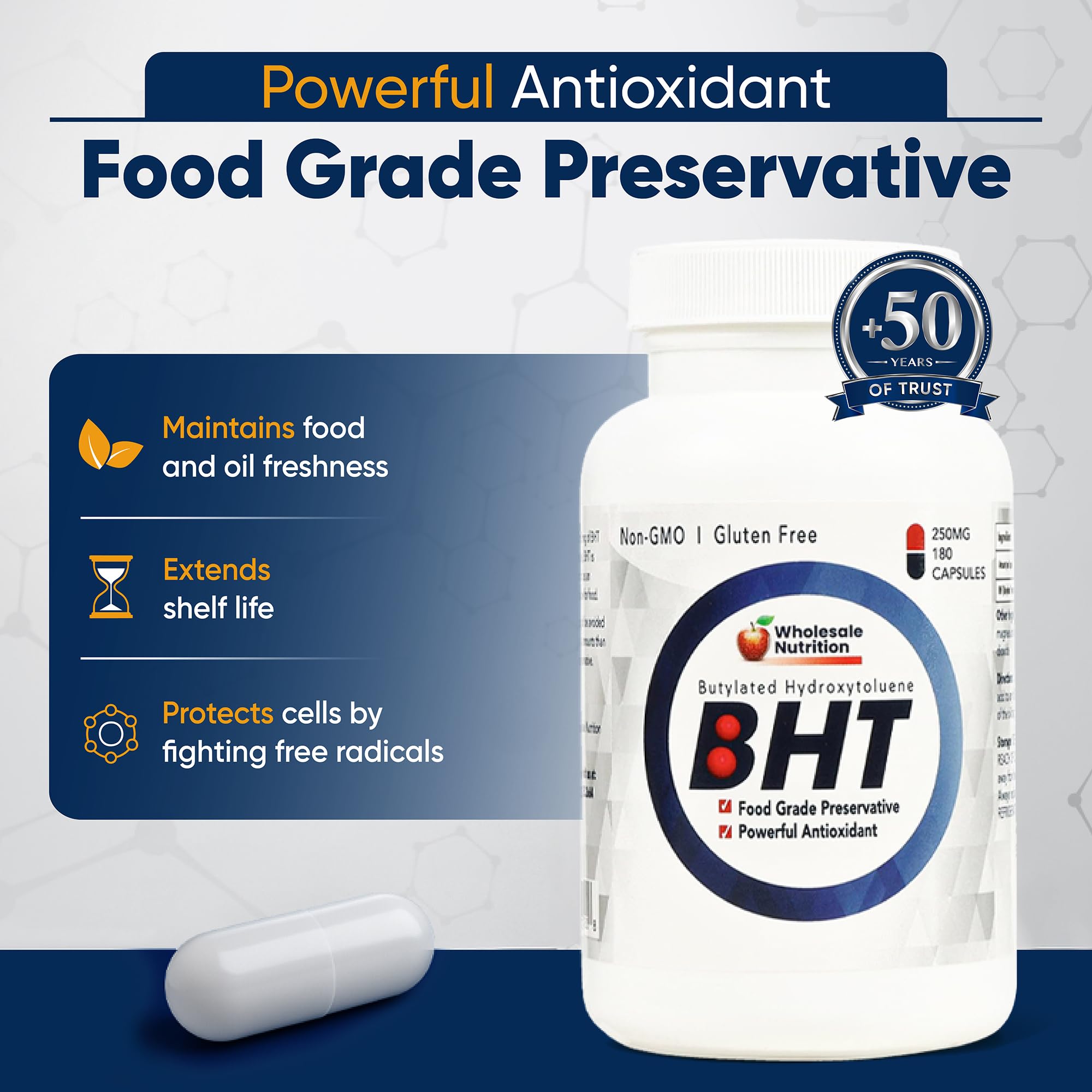 Wholesale Nutrition BHT Antioxidant Capsules 250mg bottle side view