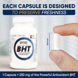 Wholesale Nutrition BHT Antioxidant Capsules 250mg open capsule showing powder