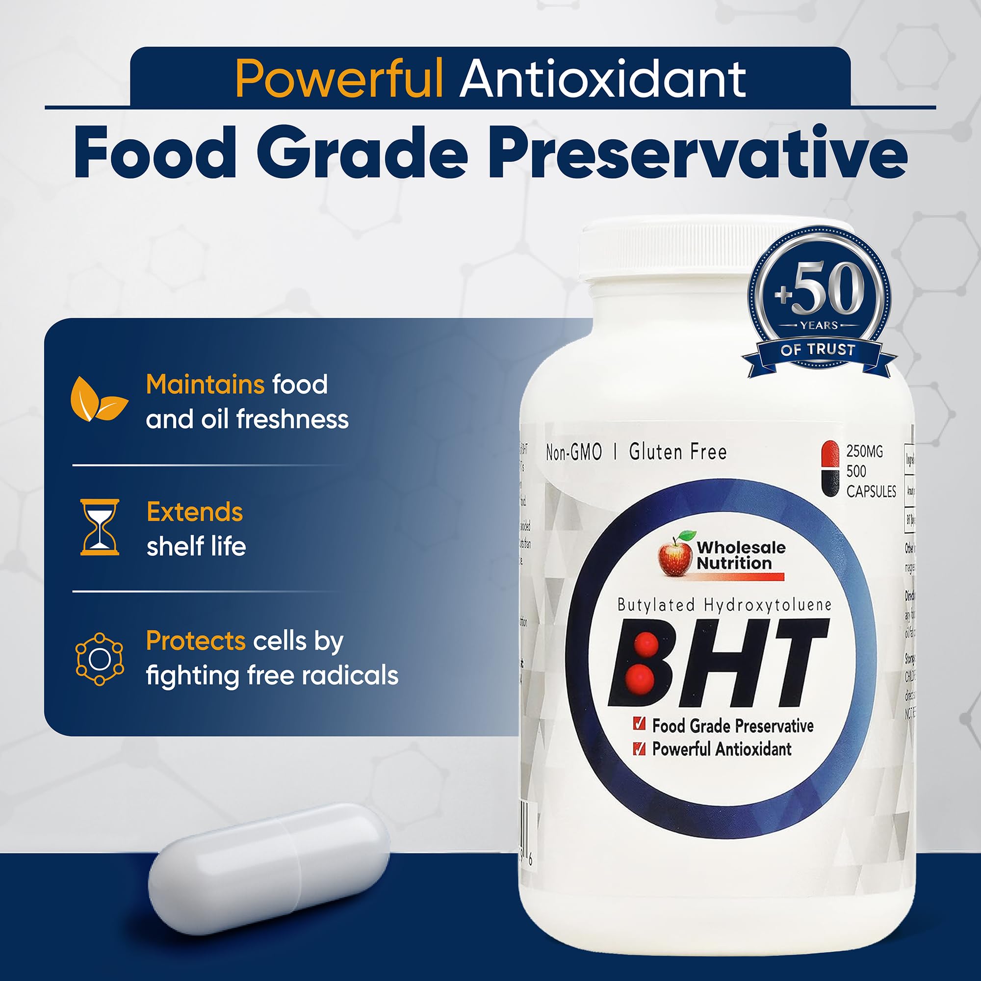 Wholesale Nutrition BHT Antioxidant Capsules 250mg side view