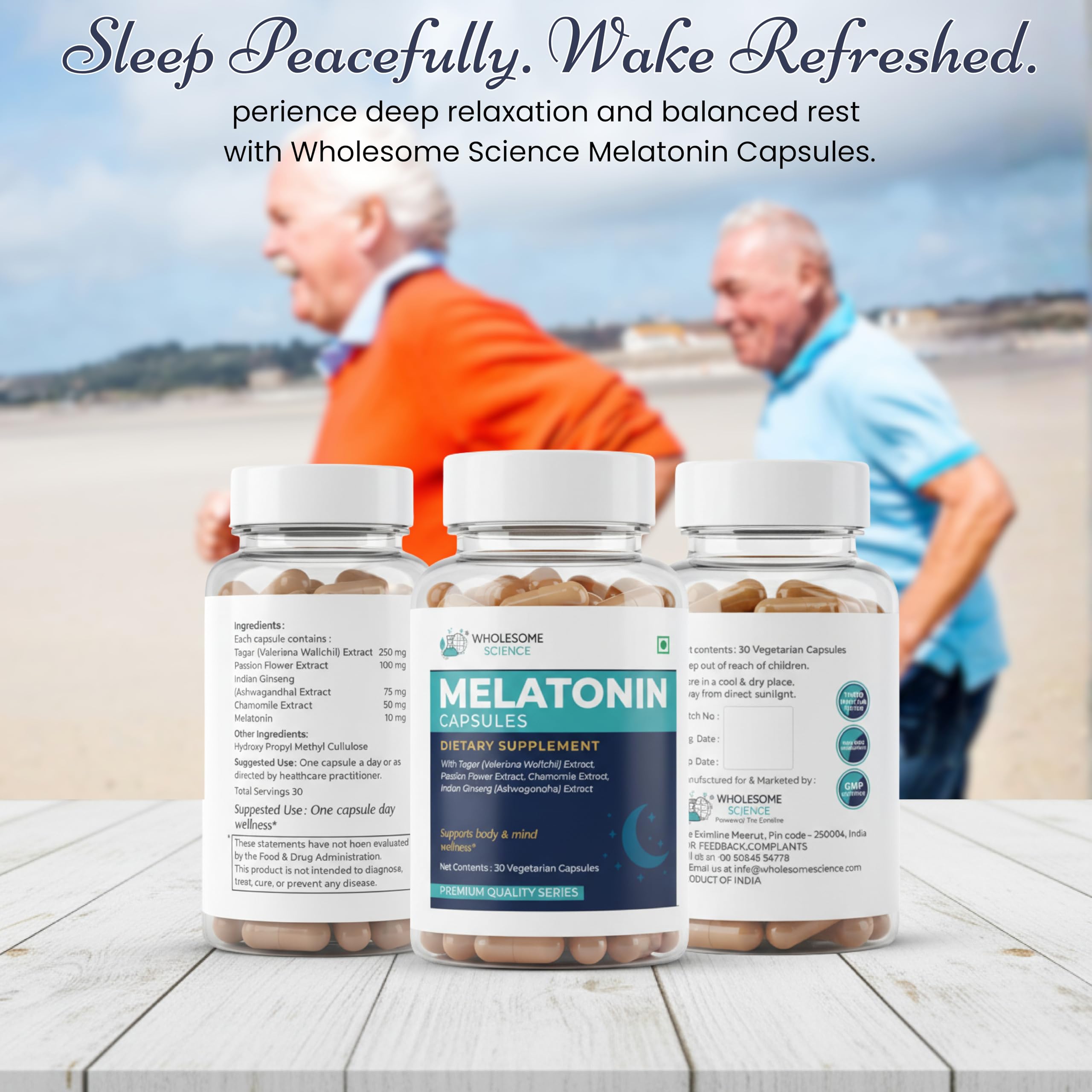 WHOLESOME SCIENCE Melatonin 10 mg Capsules side view showing capsule details